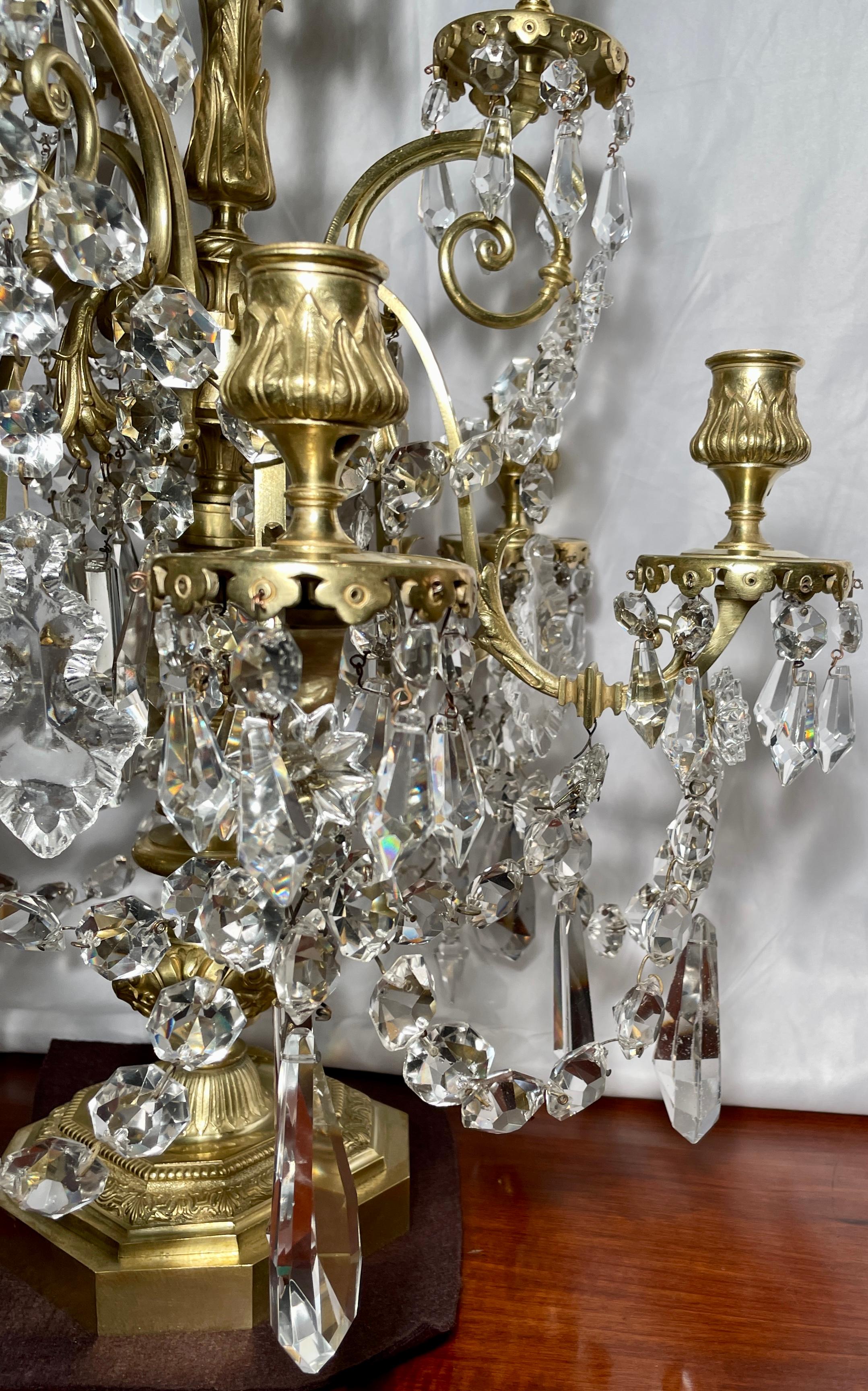 Pair Antique French Gold Bronze & Baccarat Crystal Girandoles Candelabra Ca 1880 For Sale 1