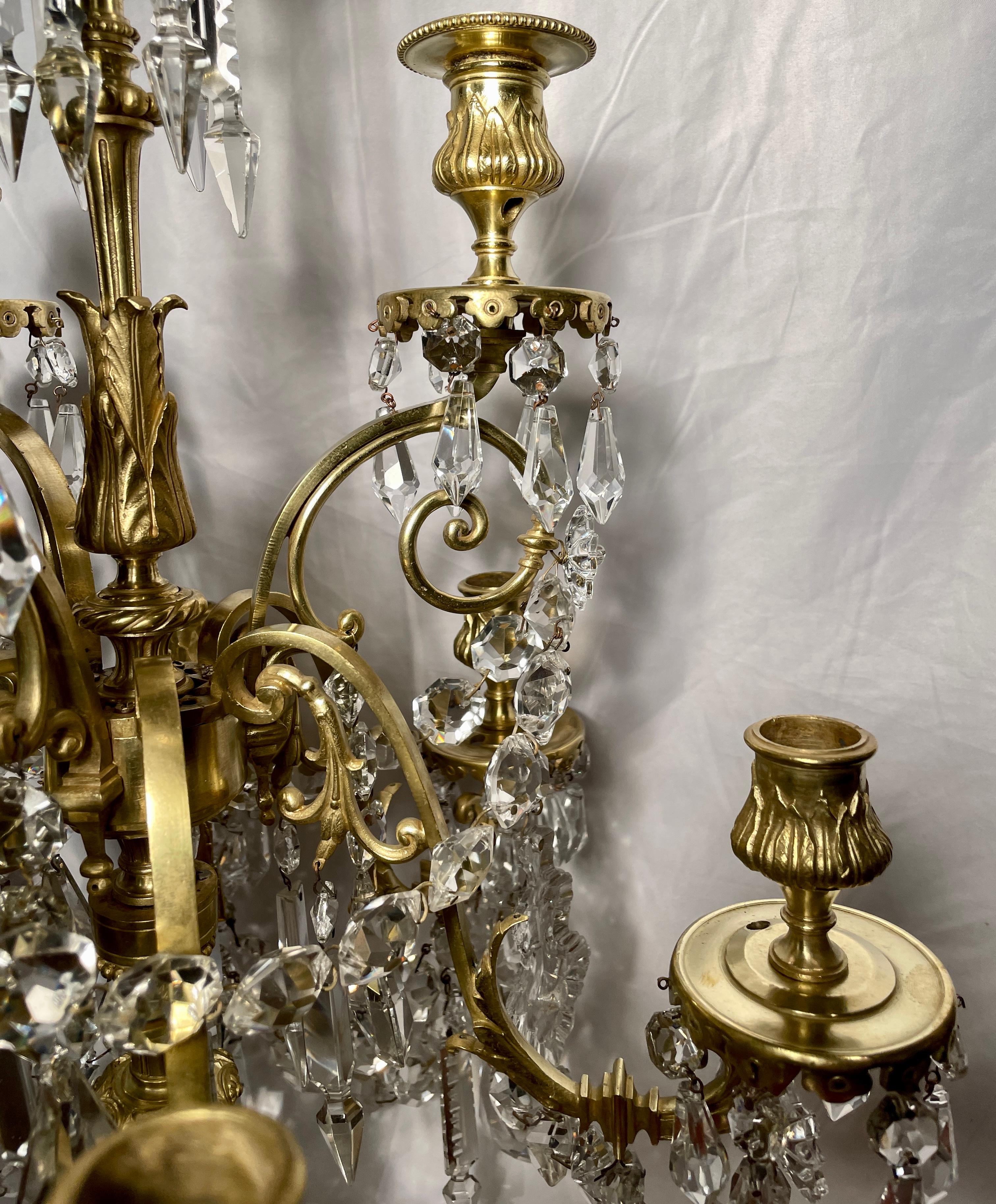 Pair Antique French Gold Bronze & Baccarat Crystal Girandoles Candelabra Ca 1880 For Sale 2