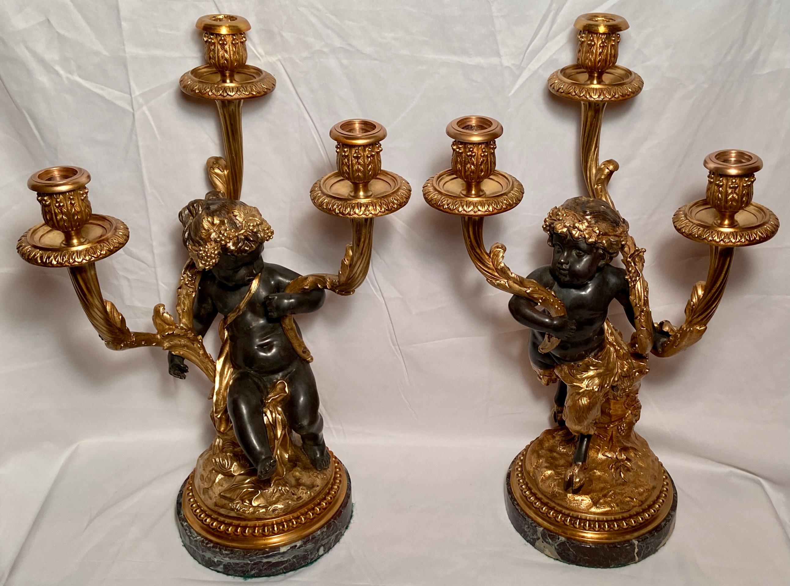 Pair antique French gold bronze bacchanalian figure candelabras, circa 1870-1880.