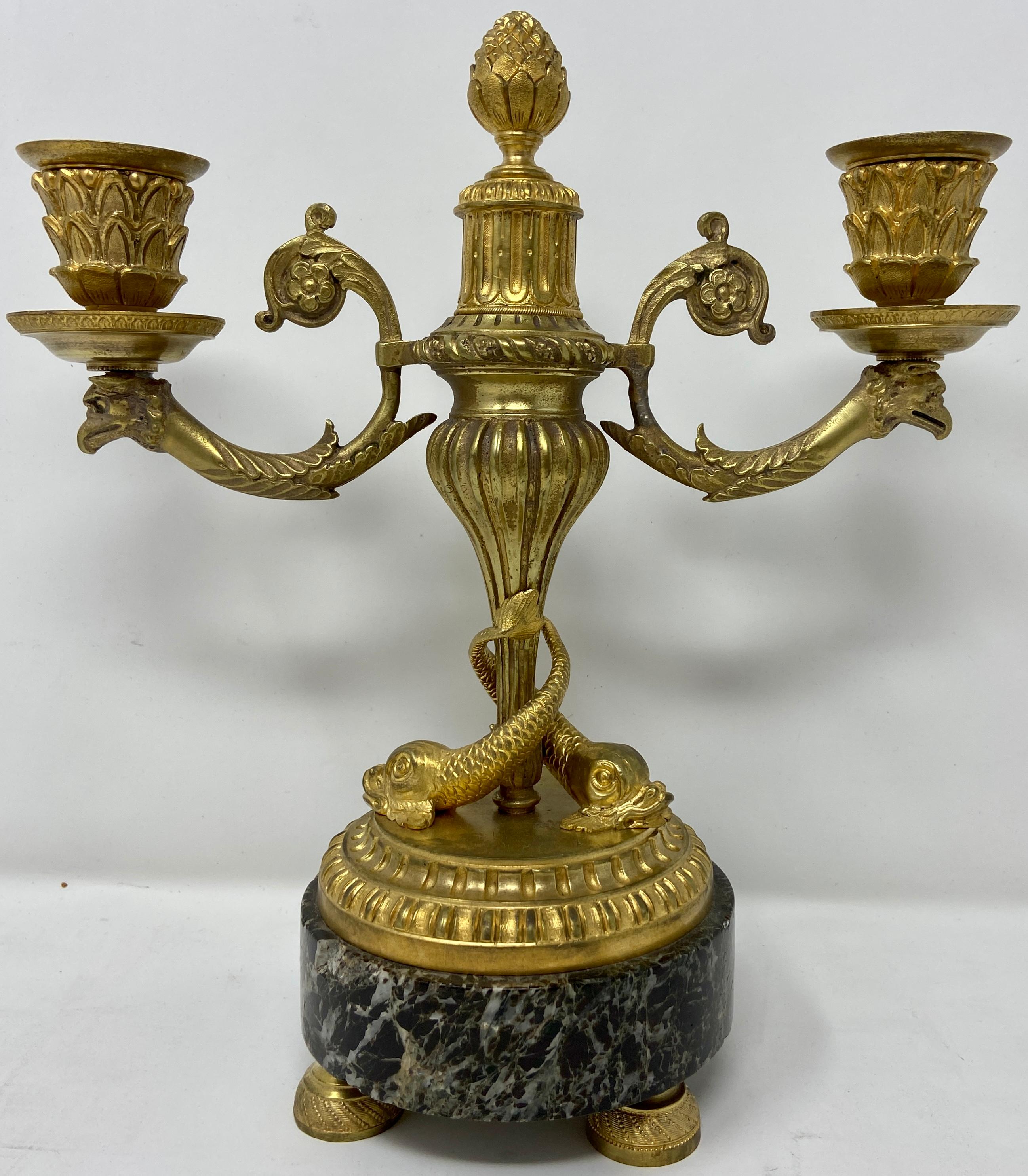 Pair Antique French fine gold bronze candelabra on green marble bases, circa 1885.
