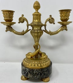 Pair Antique French Gold Bronze Candelabra on Green Marble Bases, Circa 1885.