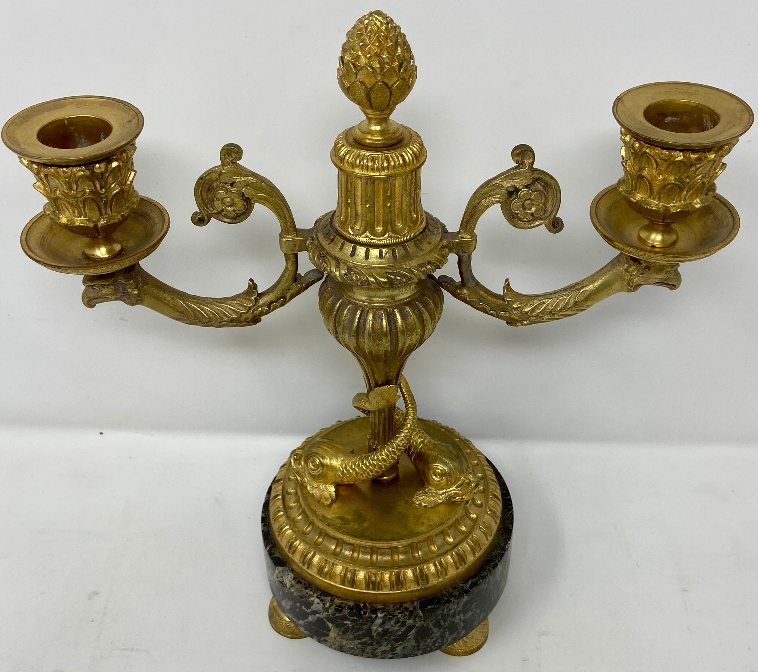 Pair Antique French Gold Bronze Candelabra on Green Marble Bases, Circa 1885. In Good Condition For Sale In New Orleans, LA