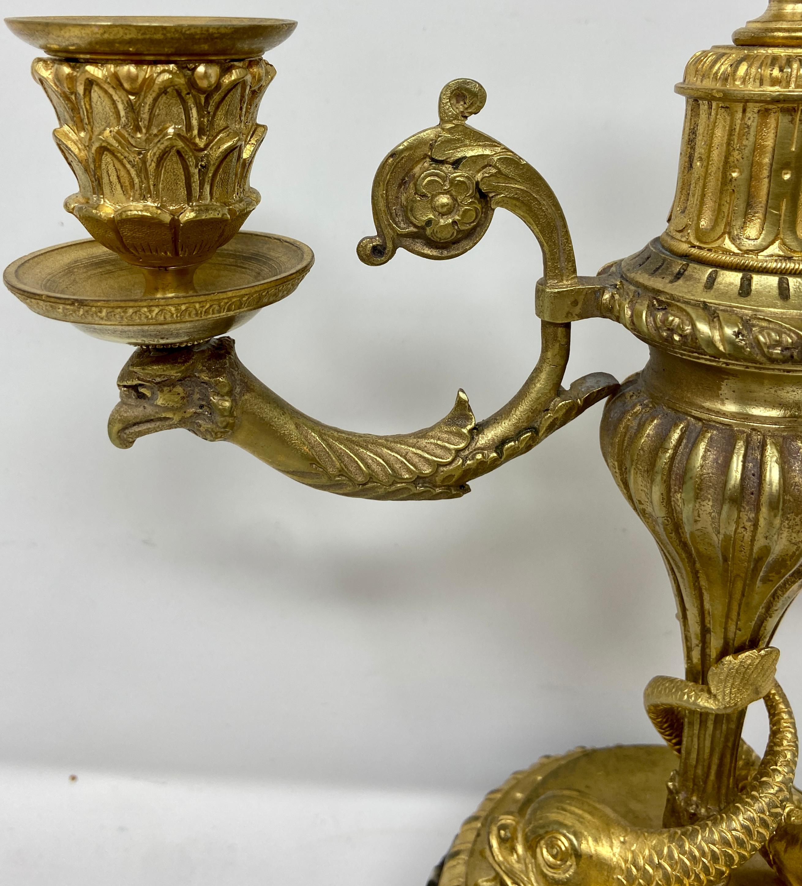 19th Century Pair Antique French Gold Bronze Candelabra on Green Marble Bases, Circa 1885. For Sale