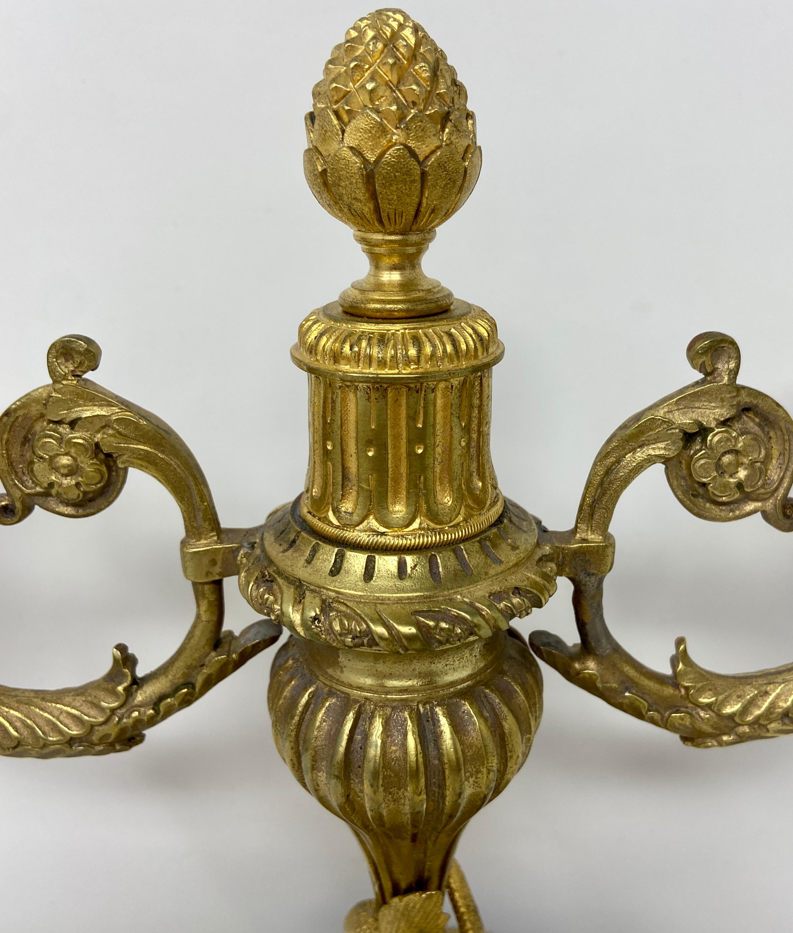 Pair Antique French Gold Bronze Candelabra on Green Marble Bases, Circa 1885. For Sale 1