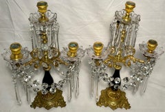Pair Antique French Gold Bronze, Cut Crystal & Cobalt Candelabra, Circa 1880's.