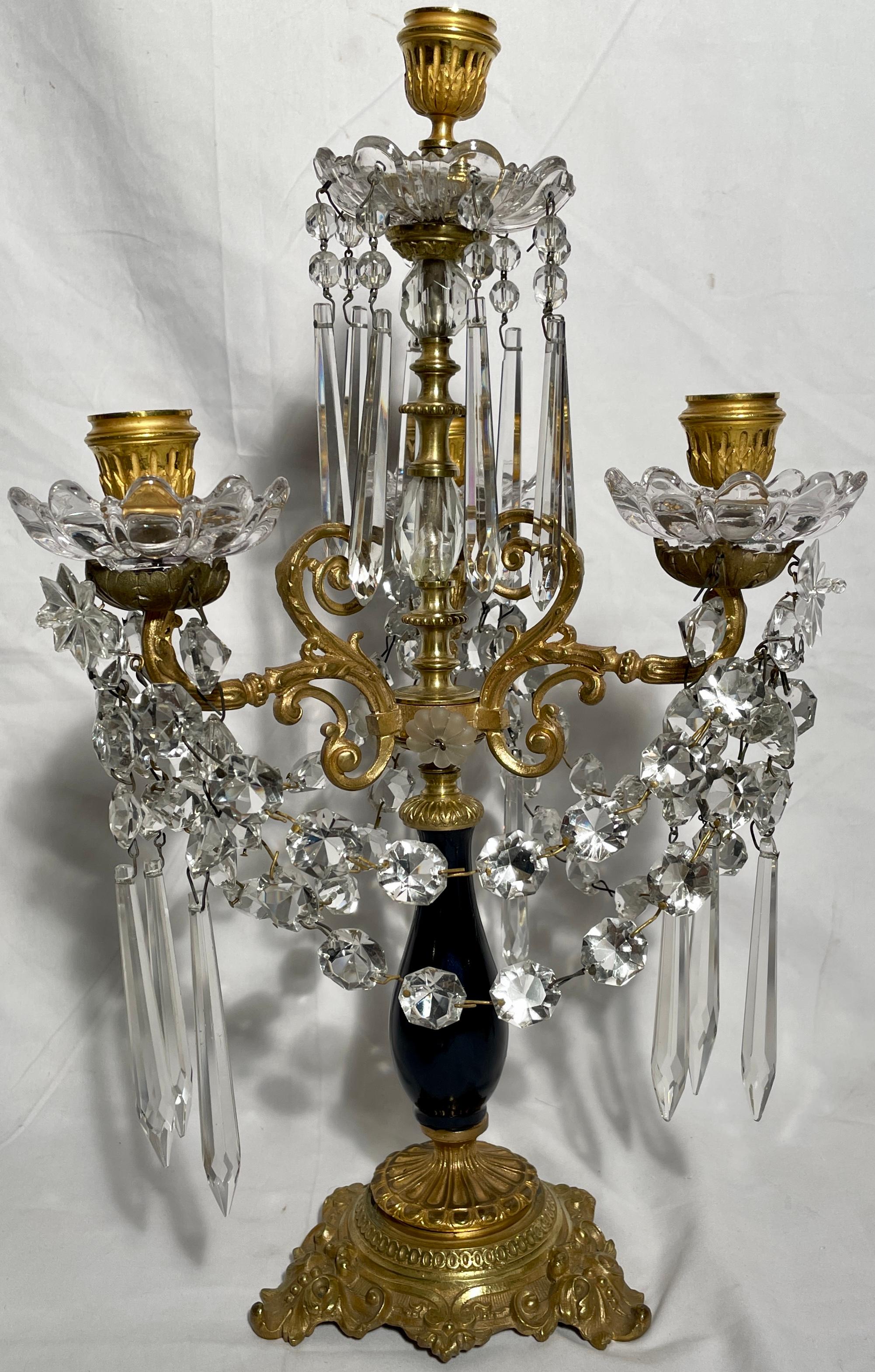 Pair Antique French Gold Bronze, Cut Crystal & Cobalt Candelabra, Circa 1880's. In Good Condition For Sale In New Orleans, LA