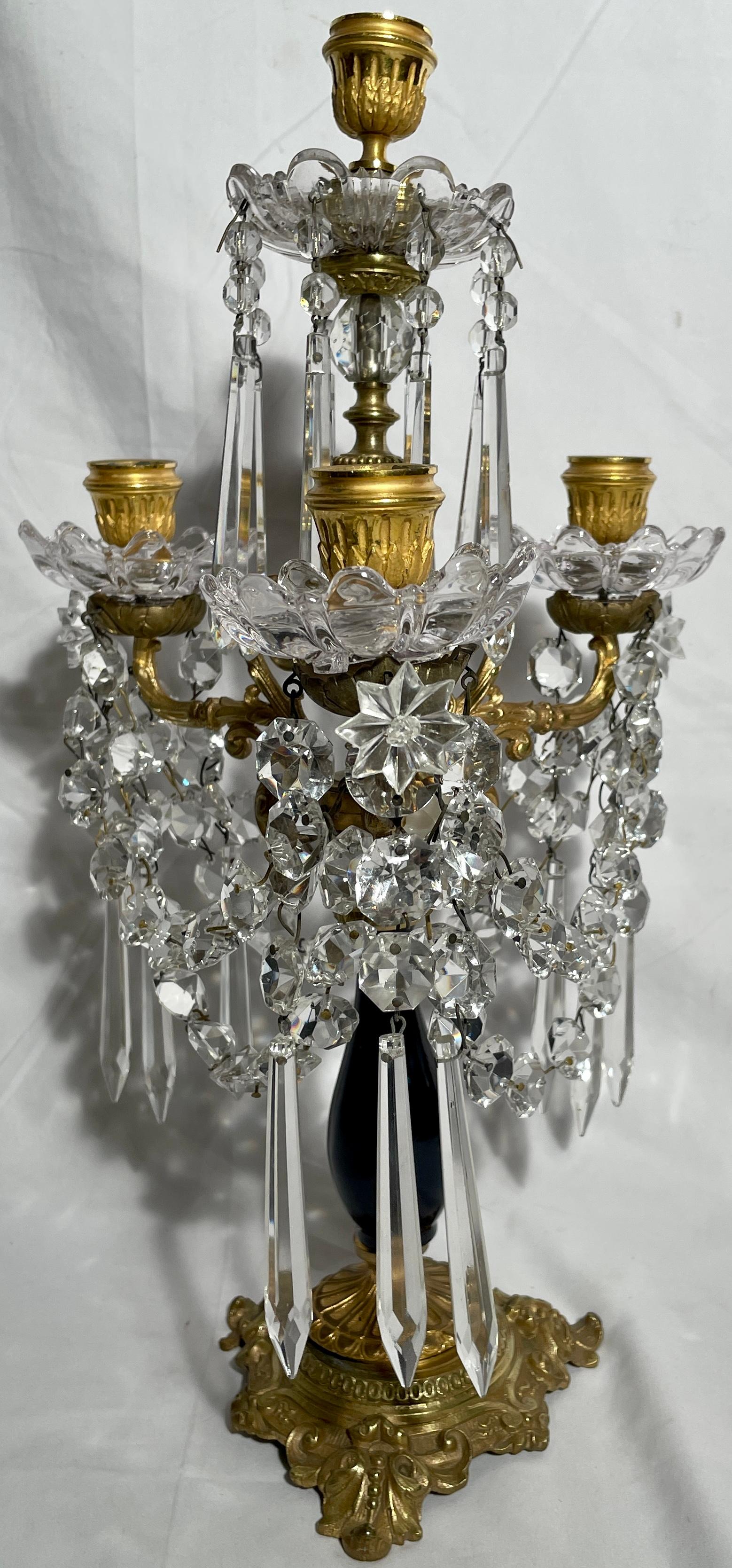 19th Century Pair Antique French Gold Bronze, Cut Crystal & Cobalt Candelabra, Circa 1880's. For Sale