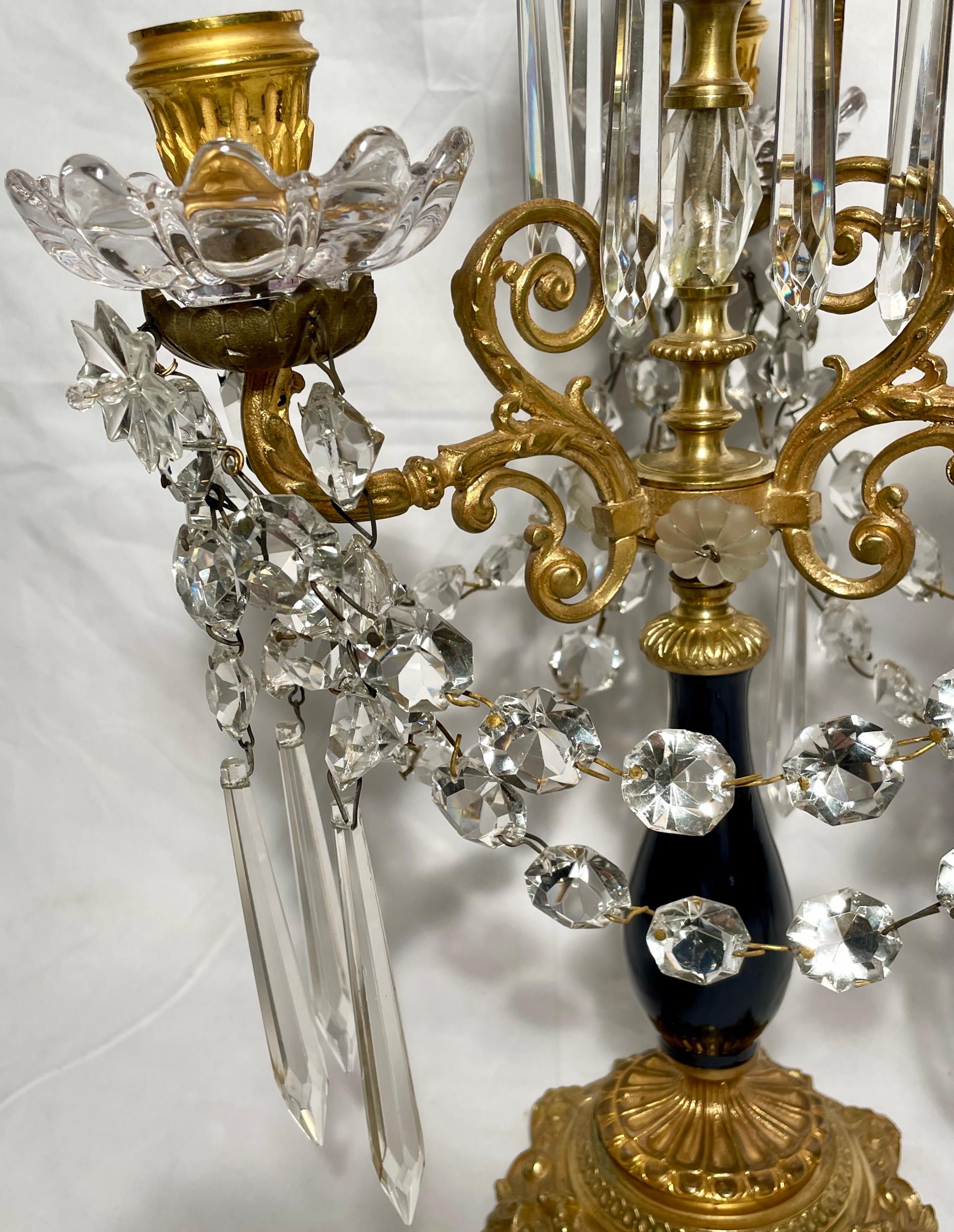 Pair Antique French Gold Bronze, Cut Crystal & Cobalt Candelabra, Circa 1880's. For Sale 3