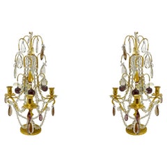 Par de Girándolas (Candelabros) Antiguas Francesas de Bronce Dorado y Cristal Tallado Circa 1890