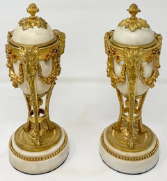Pair Antique French Gold Bronze & Marble "Cassoulets" Candlesticks, Circa 1840's