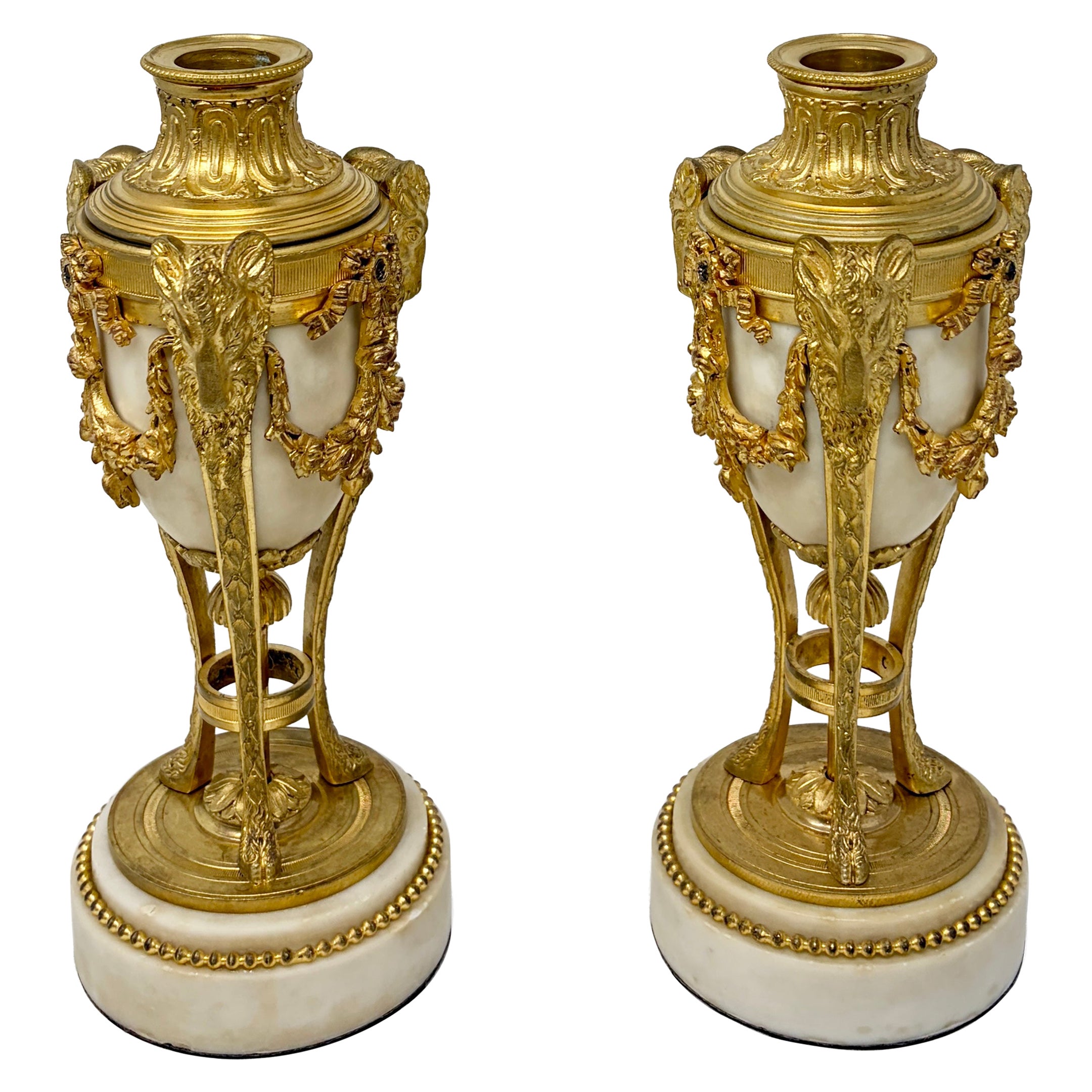 Pair Antique French Gold Bronze & Marble "Cassoulets" Candlesticks, Circa 1840's