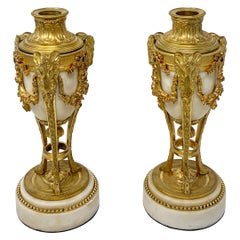 Pair Antique French Gold Bronze & Marble "Cassoulets" Candlesticks, Circa 1840's