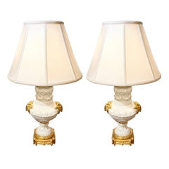 Pair Antique French Gold Bronze Mounted Bisque Porcelain Lamps, Circa 1880-1890.
