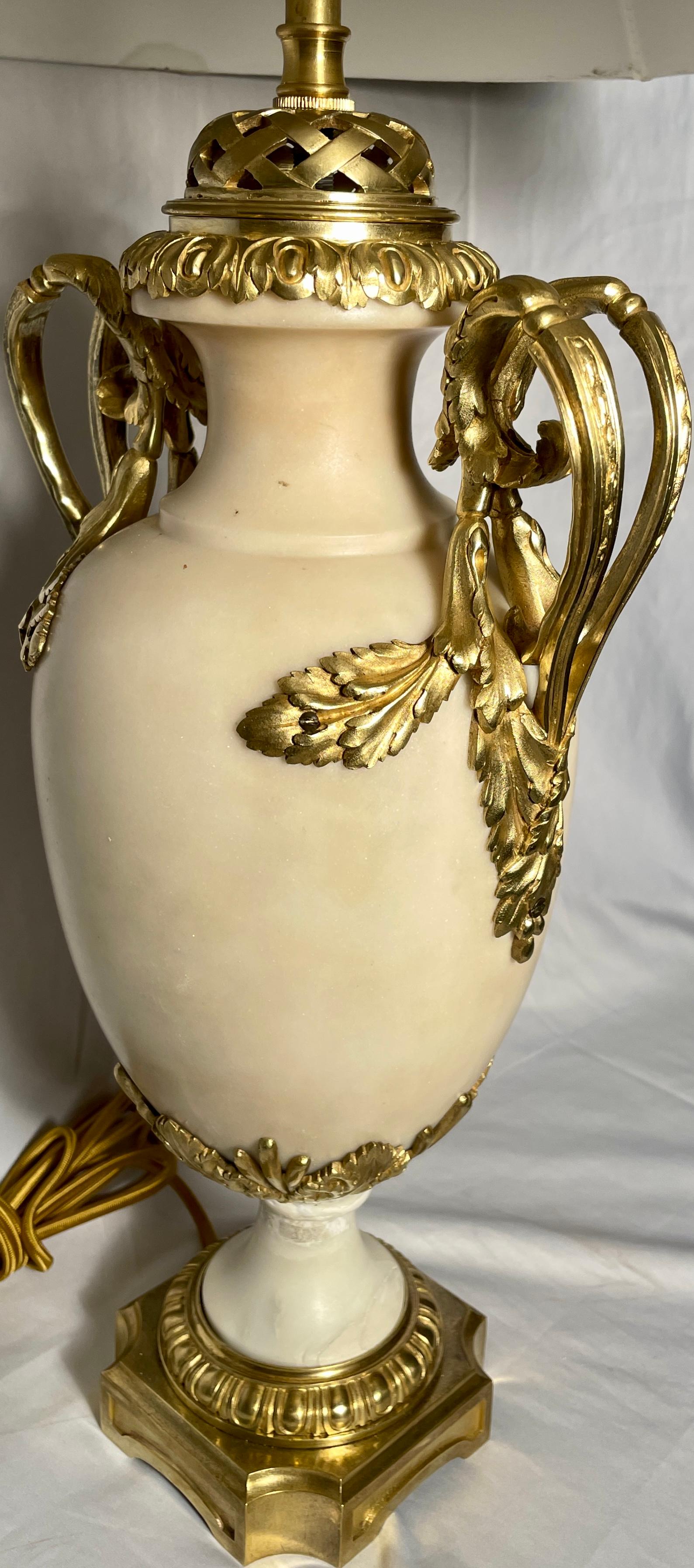 Pair Antique French Gold Bronze Mounted Carrara Marble Lamps, Circa 1890's In Good Condition For Sale In New Orleans, LA