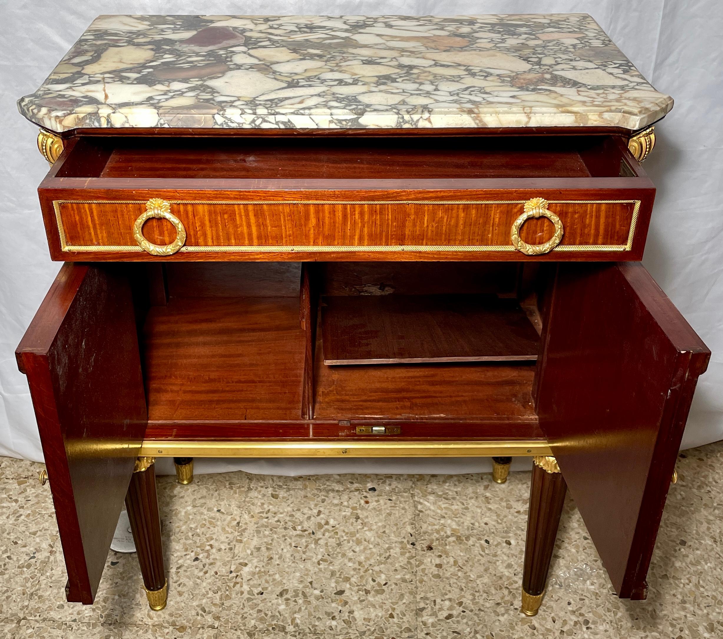 19th Century Pair Antique French Gold Bronze Mounted Mahogany Marble Top Commodes, circa 1880
