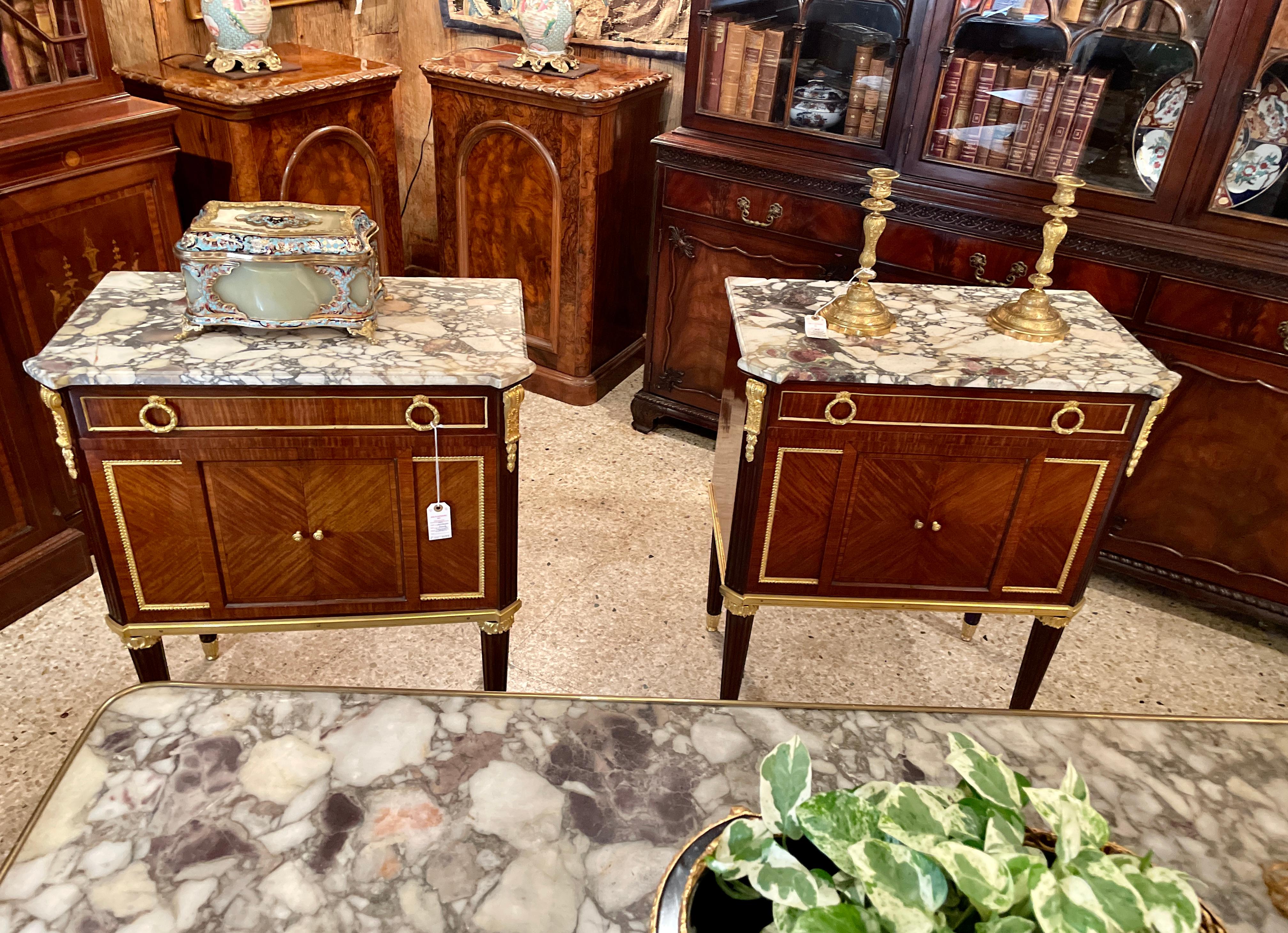 Pair Antique French Gold Bronze Mounted Mahogany Marble Top Commodes, circa 1880 2