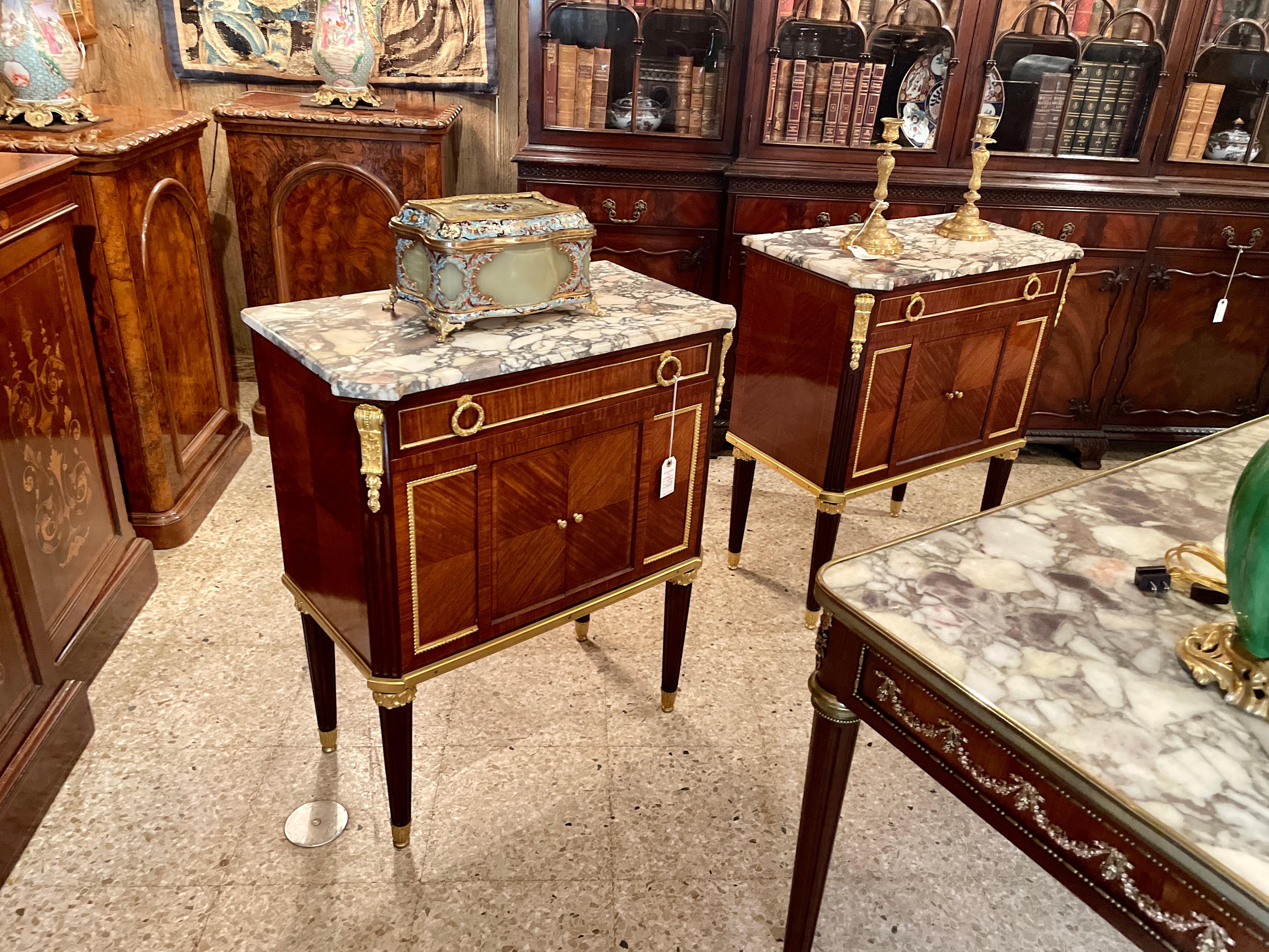 Pair Antique French Gold Bronze Mounted Mahogany Marble Top Commodes, circa 1880 3