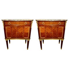 Pair Antique French Gold Bronze Mounted Mahogany Marble Top Commodes, circa 1880