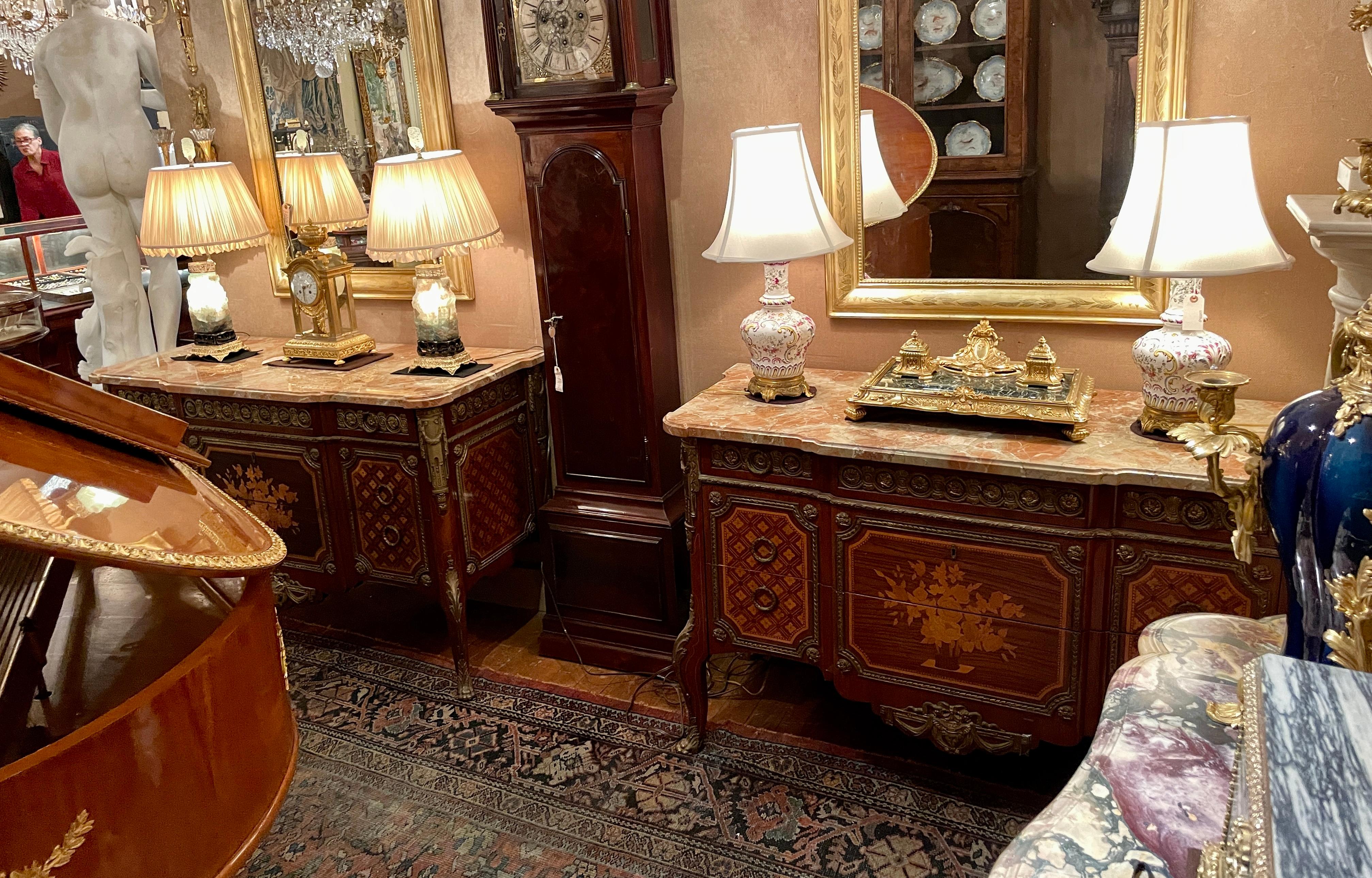 Pair Antique French Gold Bronze Mounted Marble Top Marquetry Commodes circa 1900 For Sale 6