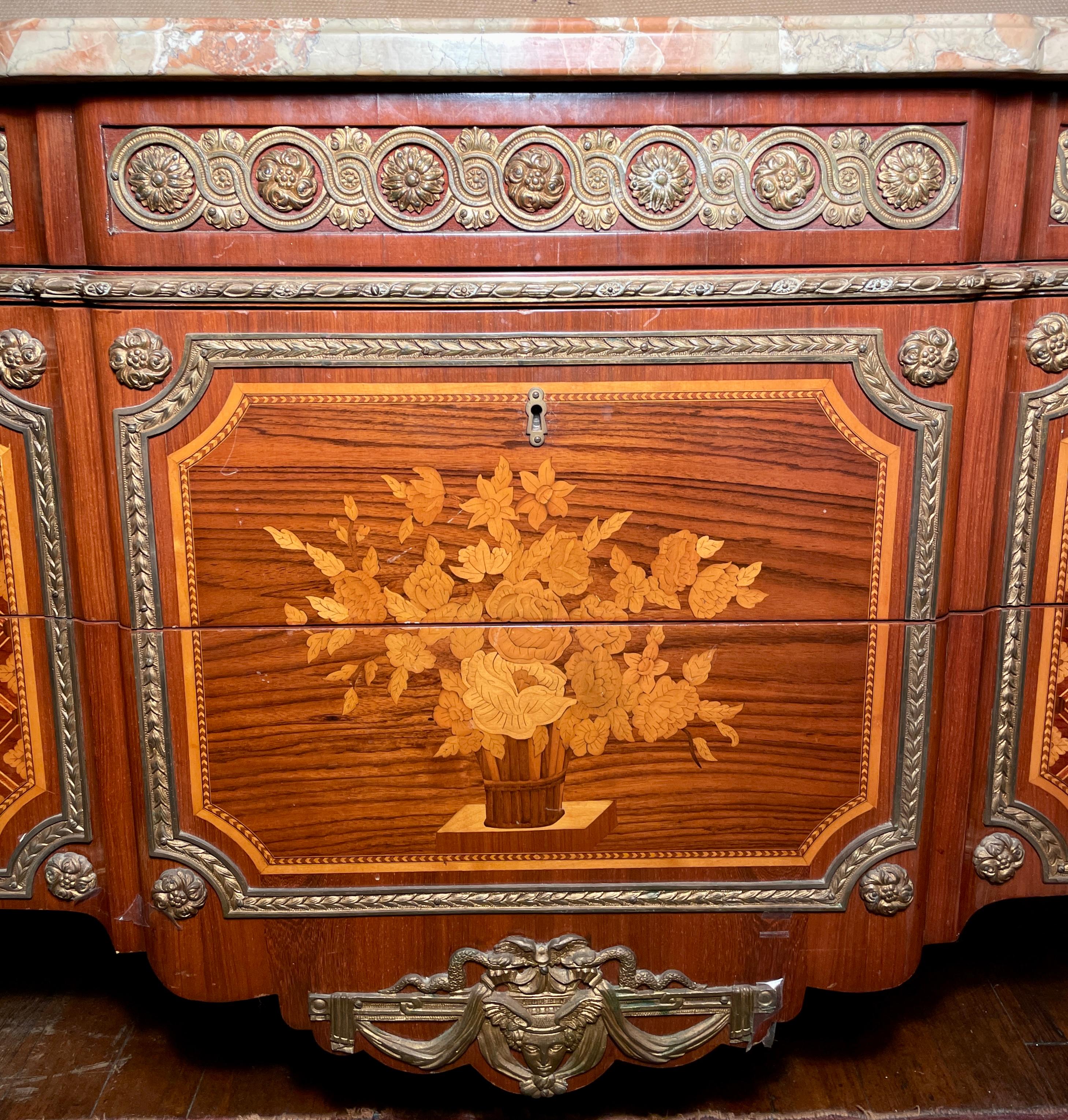 Pair Antique French Gold Bronze Mounted Marble Top Marquetry Commodes circa 1900 For Sale 1