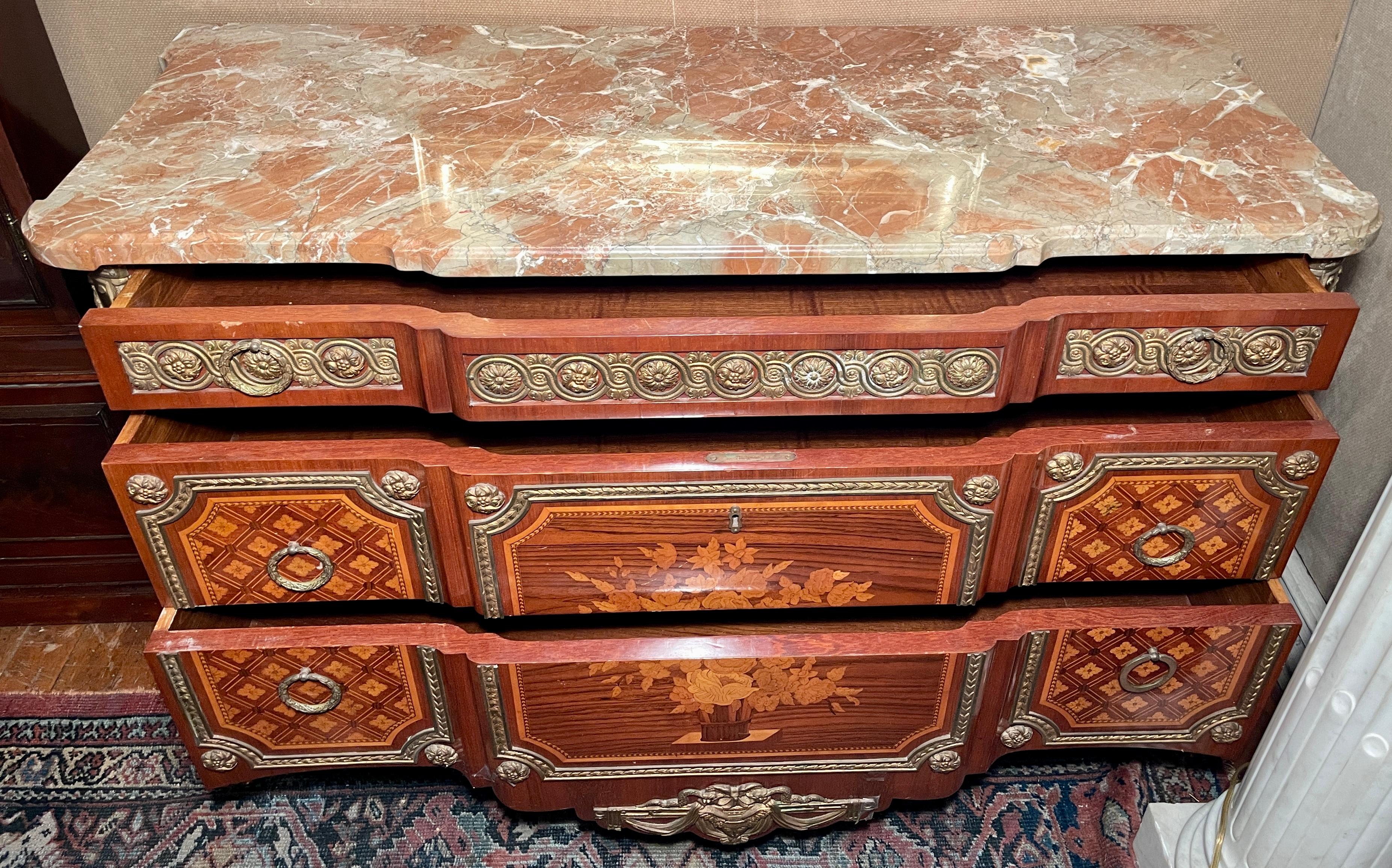 Pair Antique French Gold Bronze Mounted Marble Top Marquetry Commodes circa 1900 For Sale 4