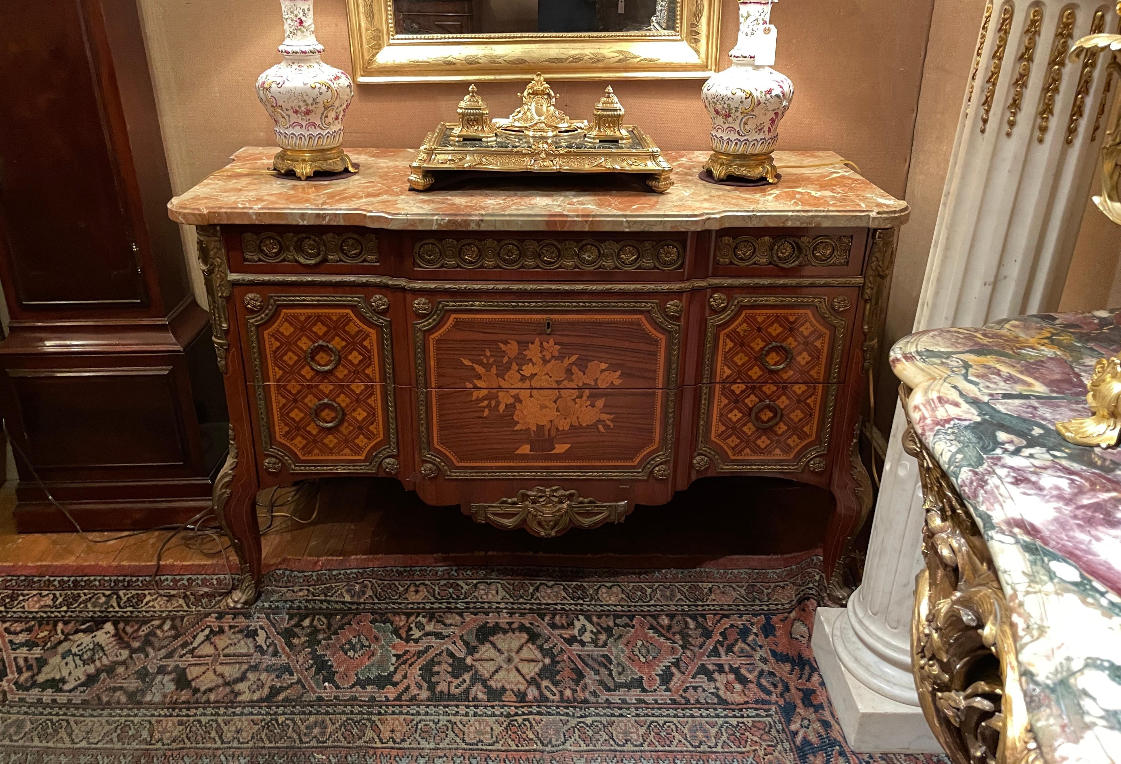 Pair Antique French Gold Bronze Mounted Marble Top Marquetry Commodes circa 1900 For Sale 5