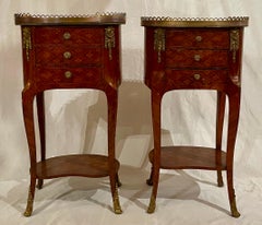 Pair Antique French Gold Bronze Mounted Marquetry End Tables, Circa 1885-1895.