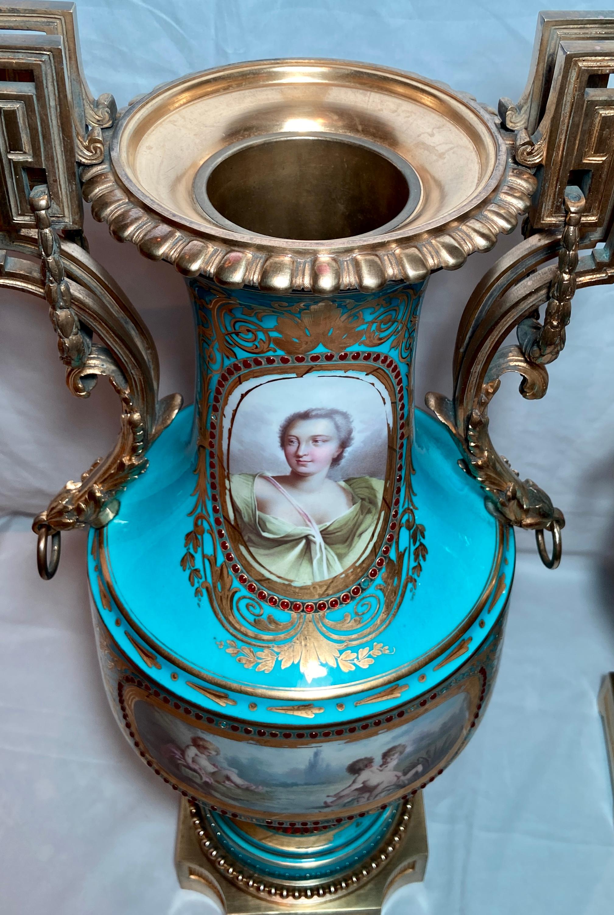 Pair Antique French Gold Bronze Mounted Sèvres Blue Porcelain Urns, Circa 1860 1