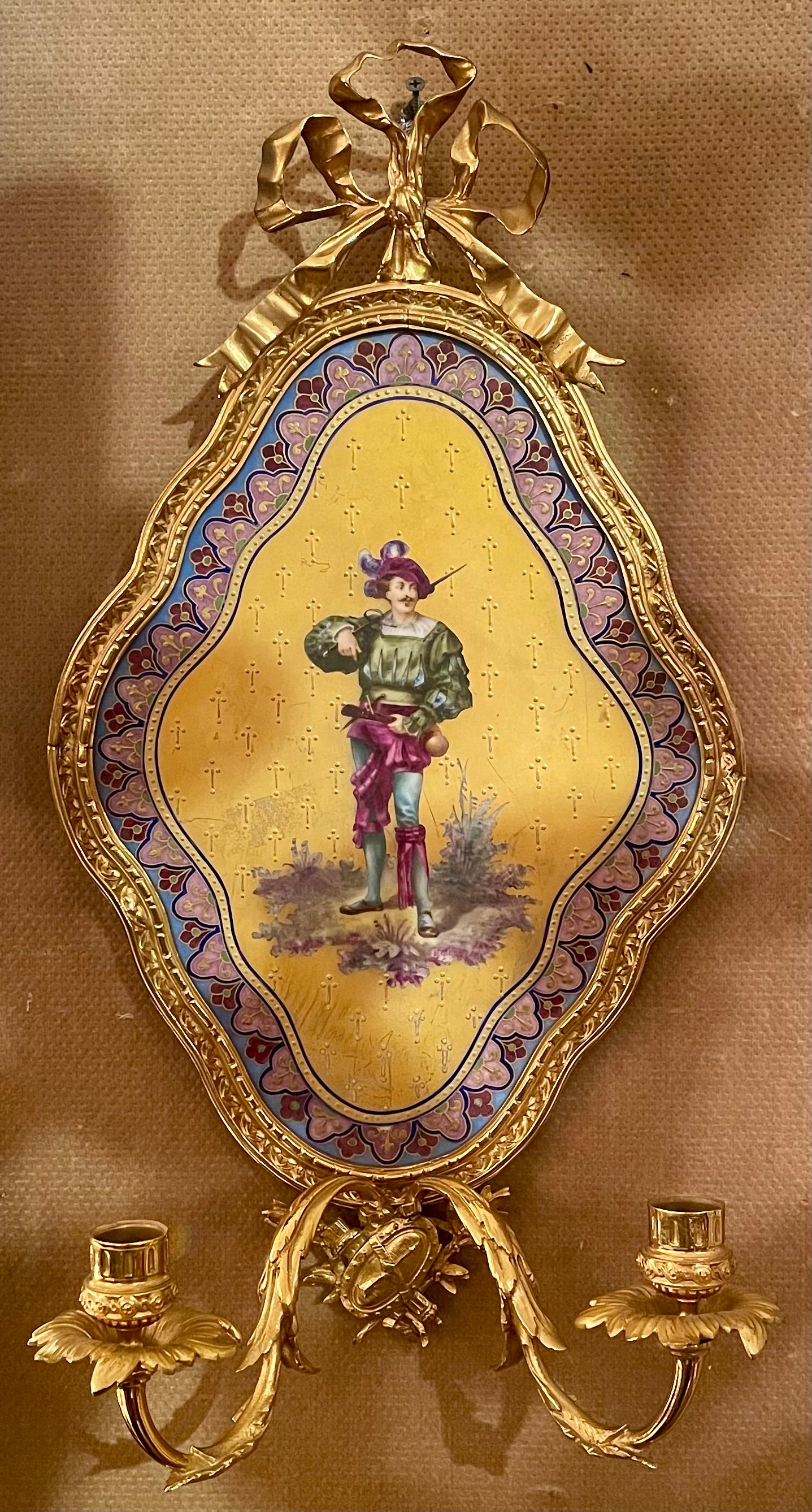 Pair antique French gold bronze and Sevres porcelain exquisitely painted wall sconces, circa 1890-1900.