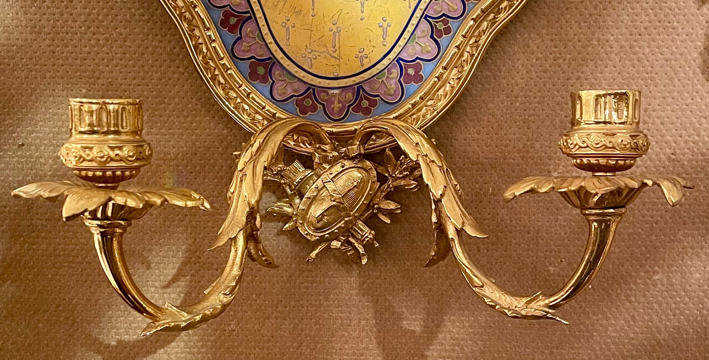 Pair Antique French Gold Bronze & Sevres Porcelain Painted Wall Sconces Ca. 1890 In Good Condition For Sale In New Orleans, LA