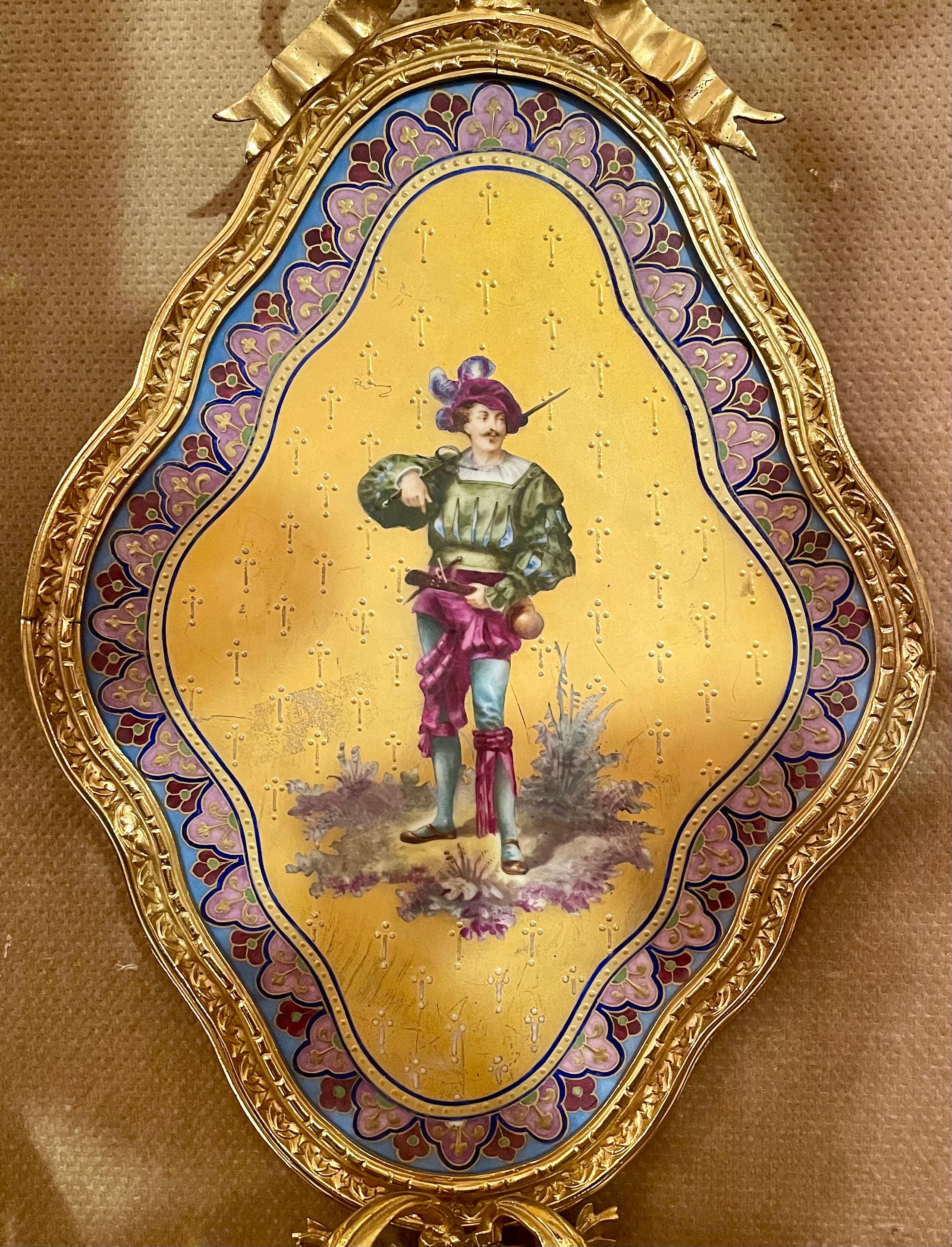 19th Century Pair Antique French Gold Bronze & Sevres Porcelain Painted Wall Sconces Ca. 1890 For Sale