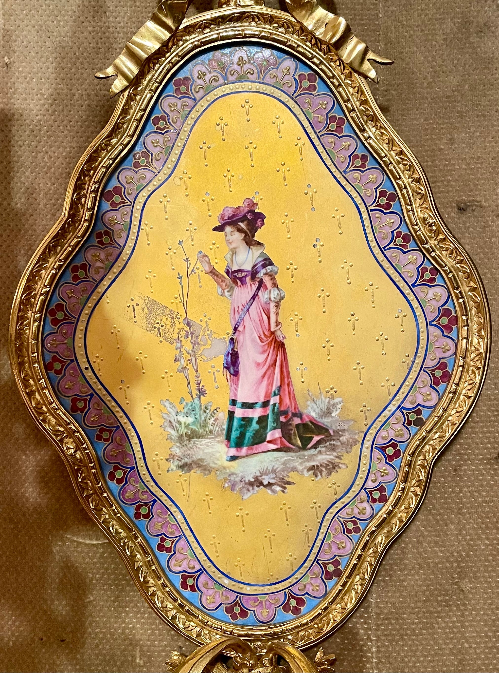 Pair Antique French Gold Bronze & Sevres Porcelain Painted Wall Sconces Ca. 1890 For Sale 3