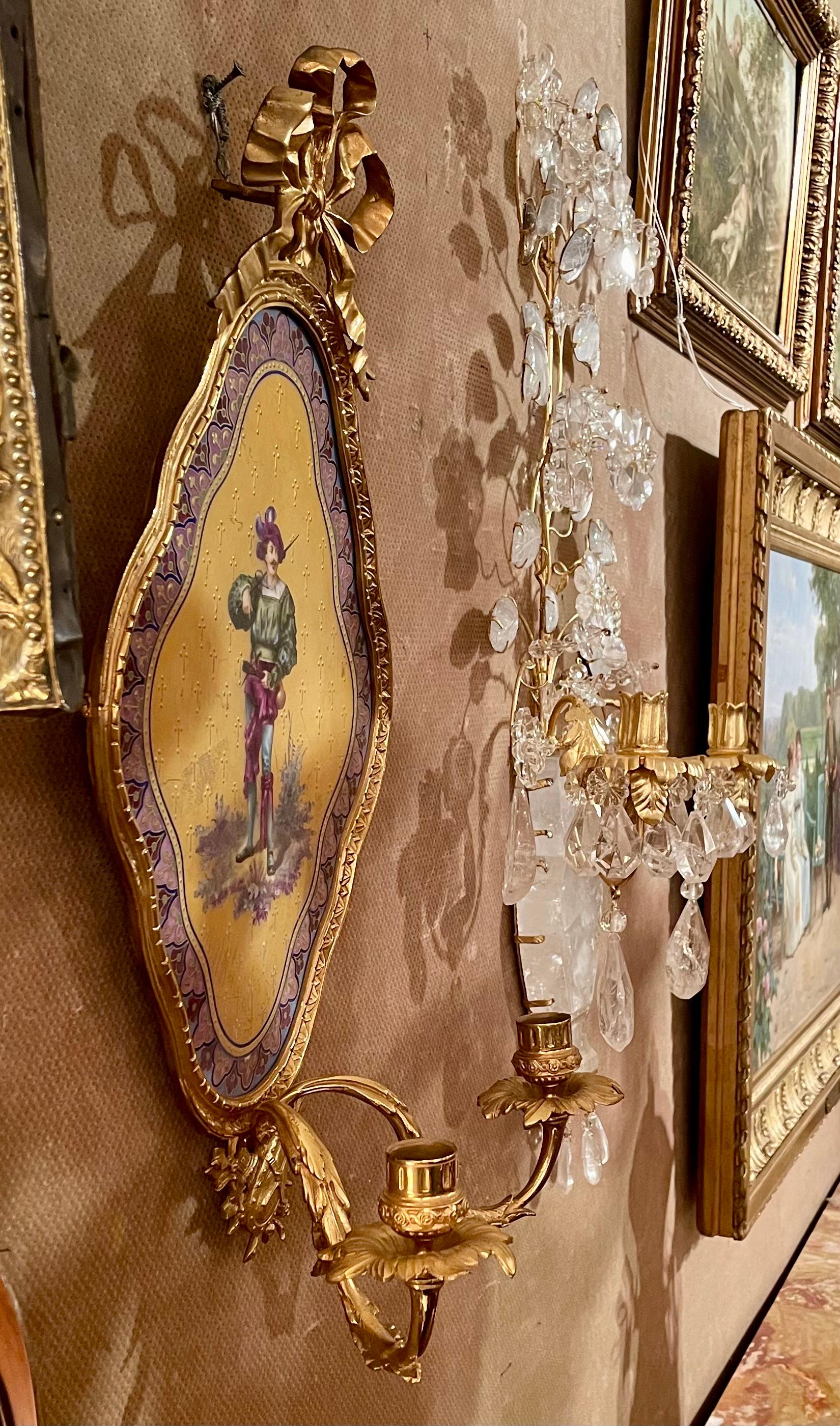 Pair Antique French Gold Bronze & Sevres Porcelain Painted Wall Sconces Ca. 1890 For Sale 4