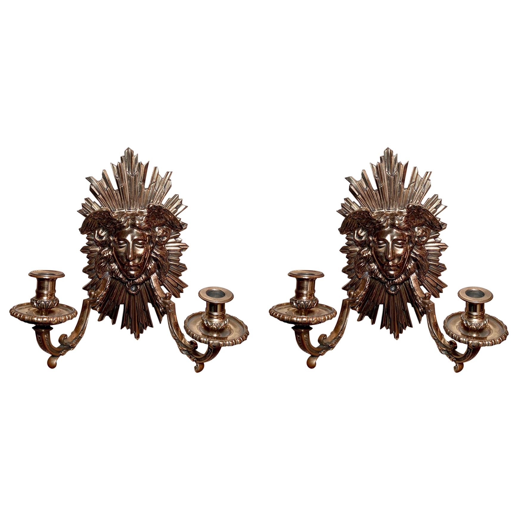 Pair Antique French Gold Bronze Wall Sconces, Circa 1890
