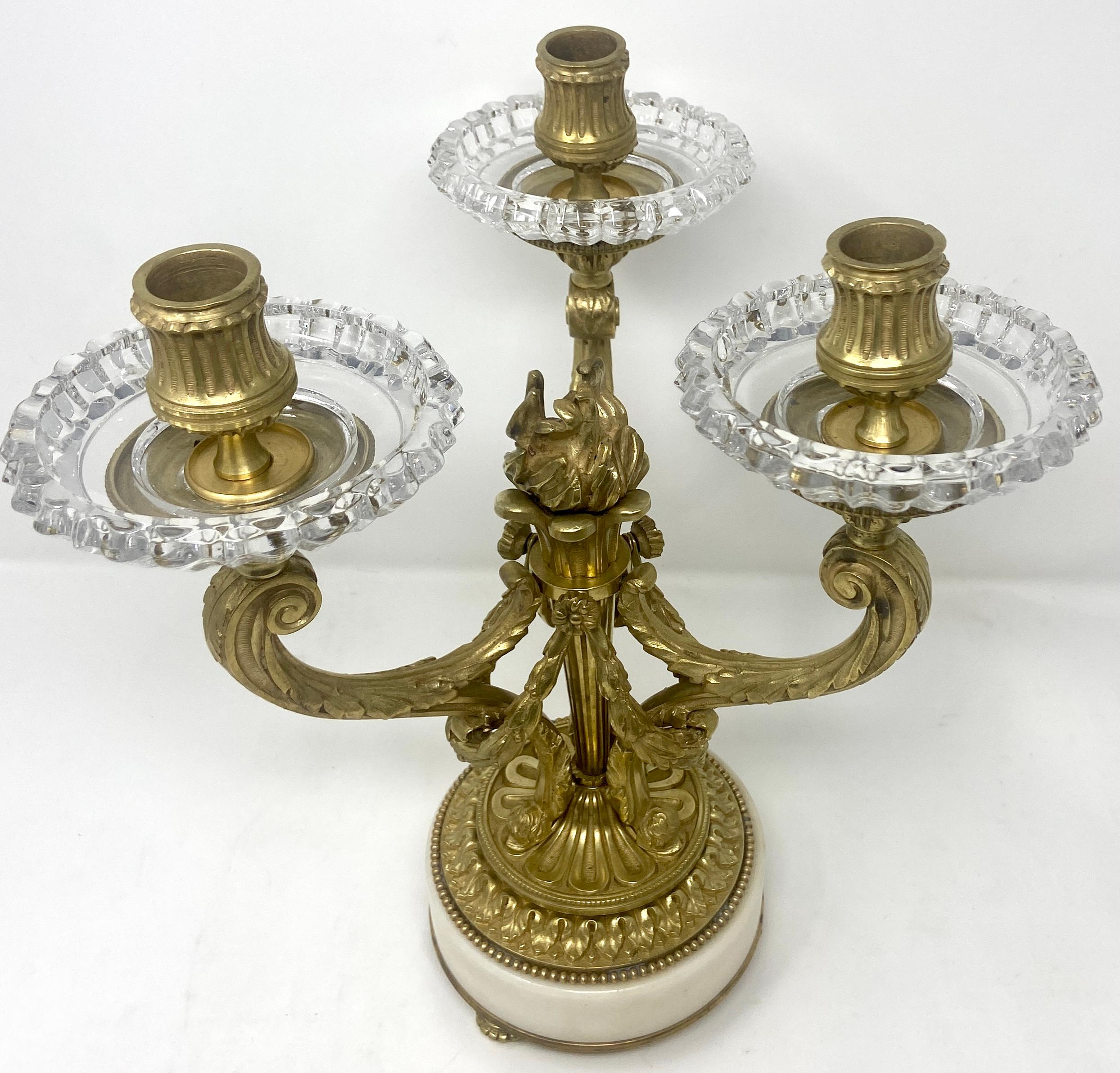 Pair Antique French Gold Bronze with Cut Crystal & Marble Candelabra, circa 1880 In Good Condition For Sale In New Orleans, LA