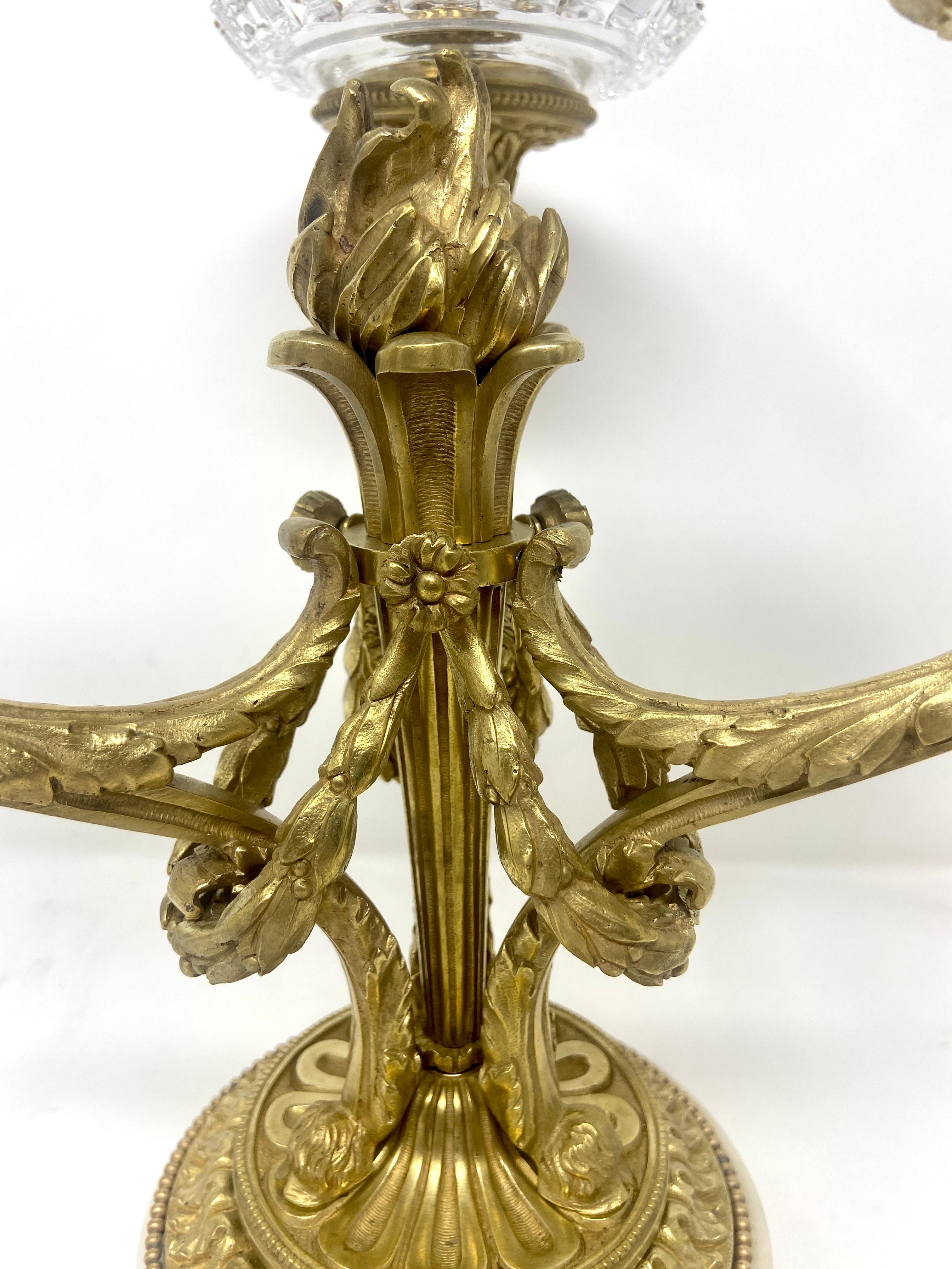 19th Century Pair Antique French Gold Bronze with Cut Crystal & Marble Candelabra, circa 1880 For Sale