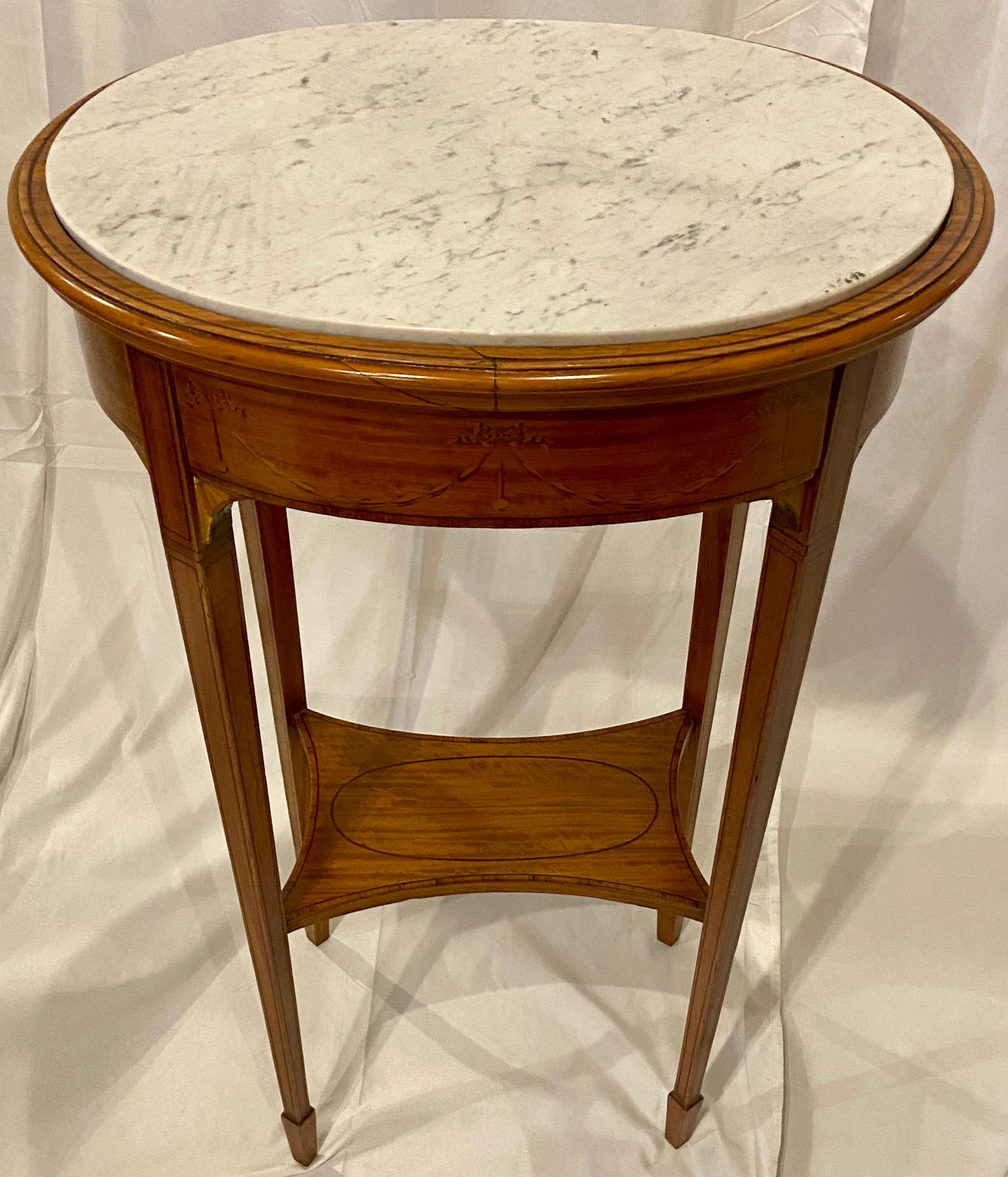 Pair Antique French grey and white marble-top satinwood side tables with inlay.