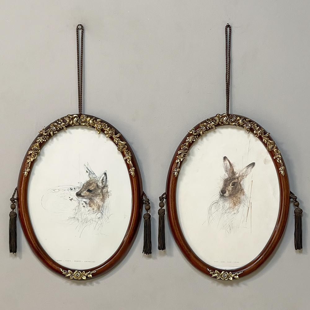Pair Antique French hand-colored lithographs in mahogany frames with bronze mounts are an exceptional example of Belle Epoque beauty! The highly detailed lithographs depict two darling young animals, a fawn and a rabbit, and each have been artfully