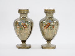 Pair Antique French Hand Gilt / Decorated Enameled Gray Tinted Glass Vases
