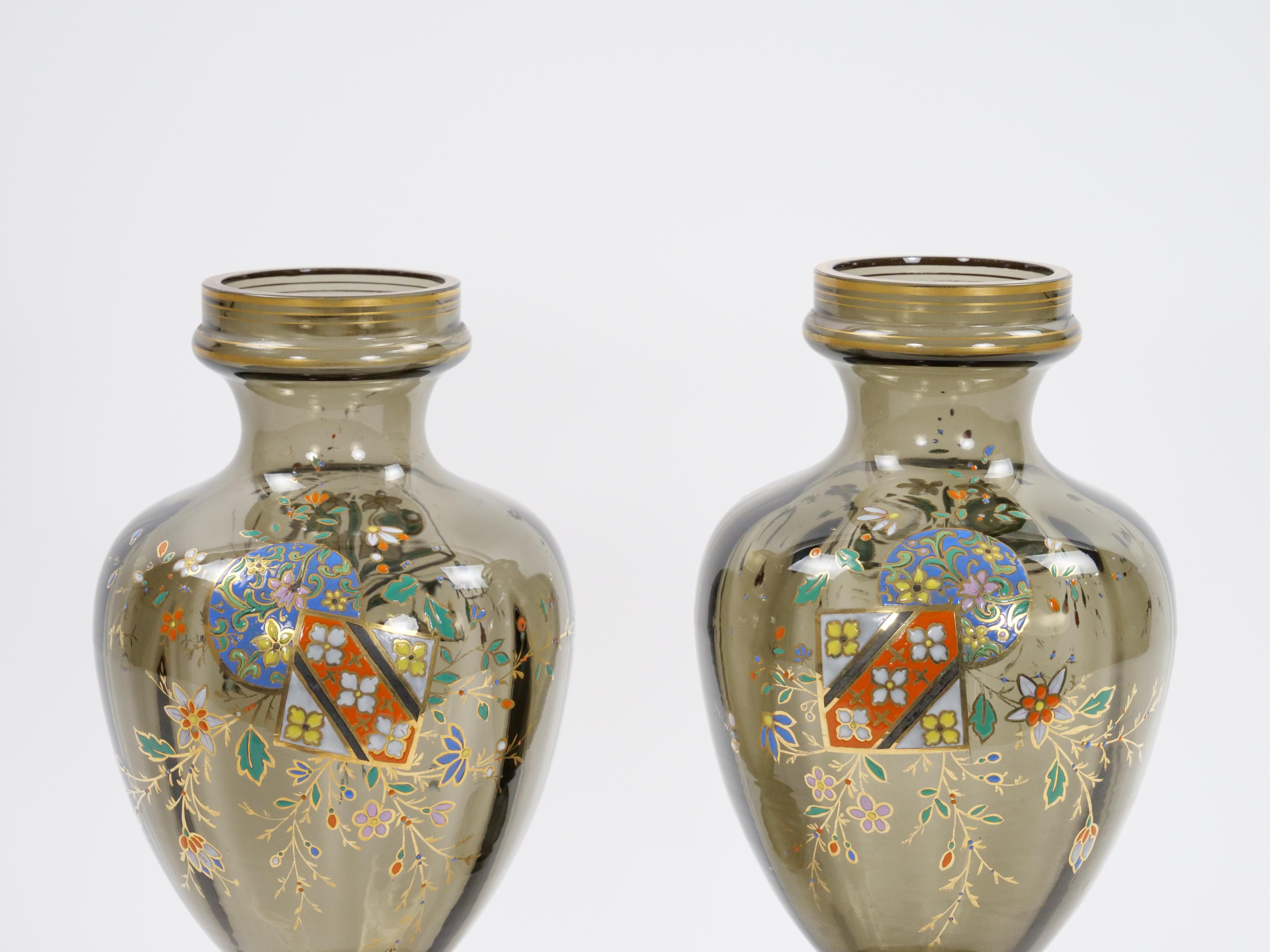 Belle Époque Pair Antique French Hand Gilt / Decorated Enameled Gray Tinted Glass Vases For Sale