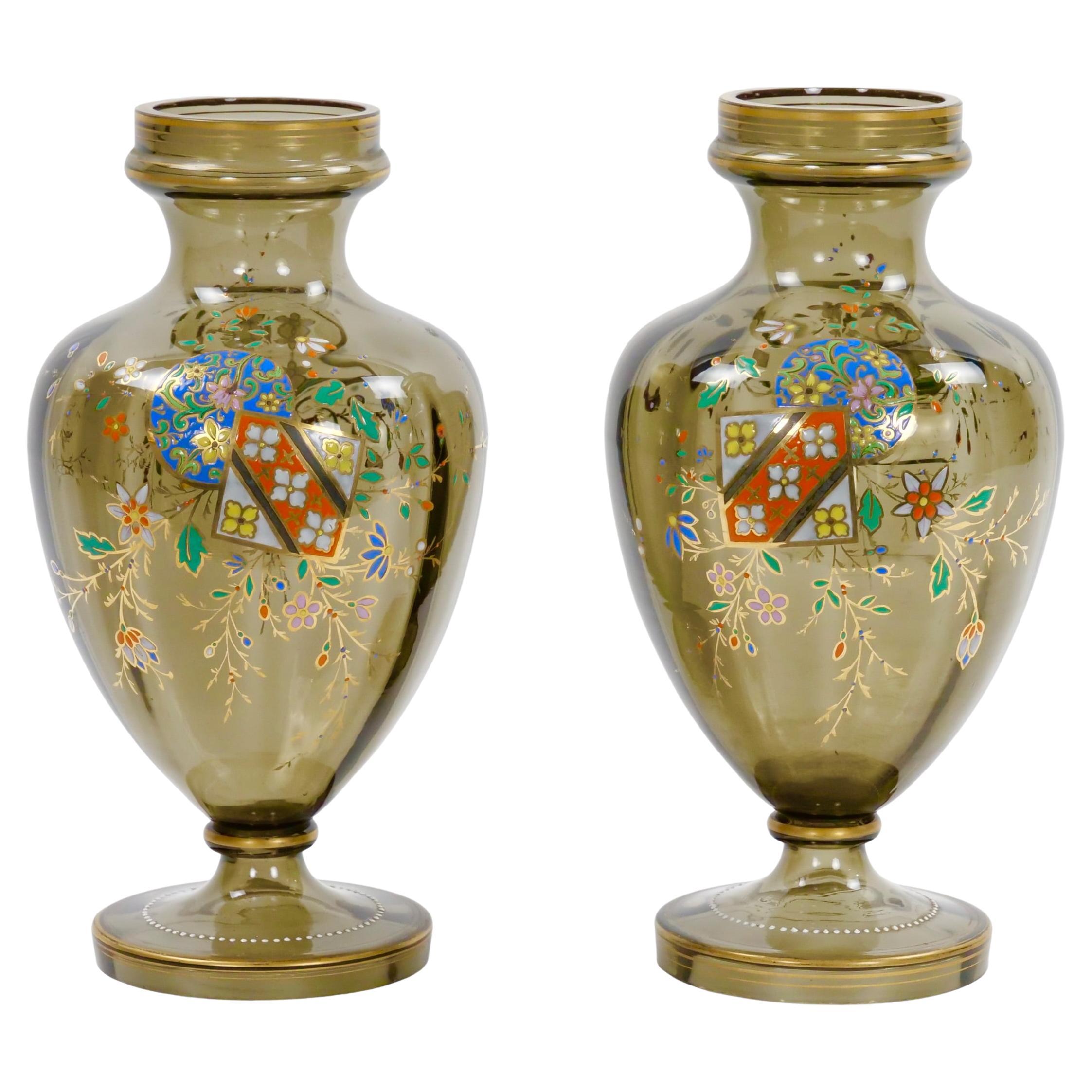 Pair Antique French Hand Gilt / Decorated Enameled Gray Tinted Glass Vases For Sale