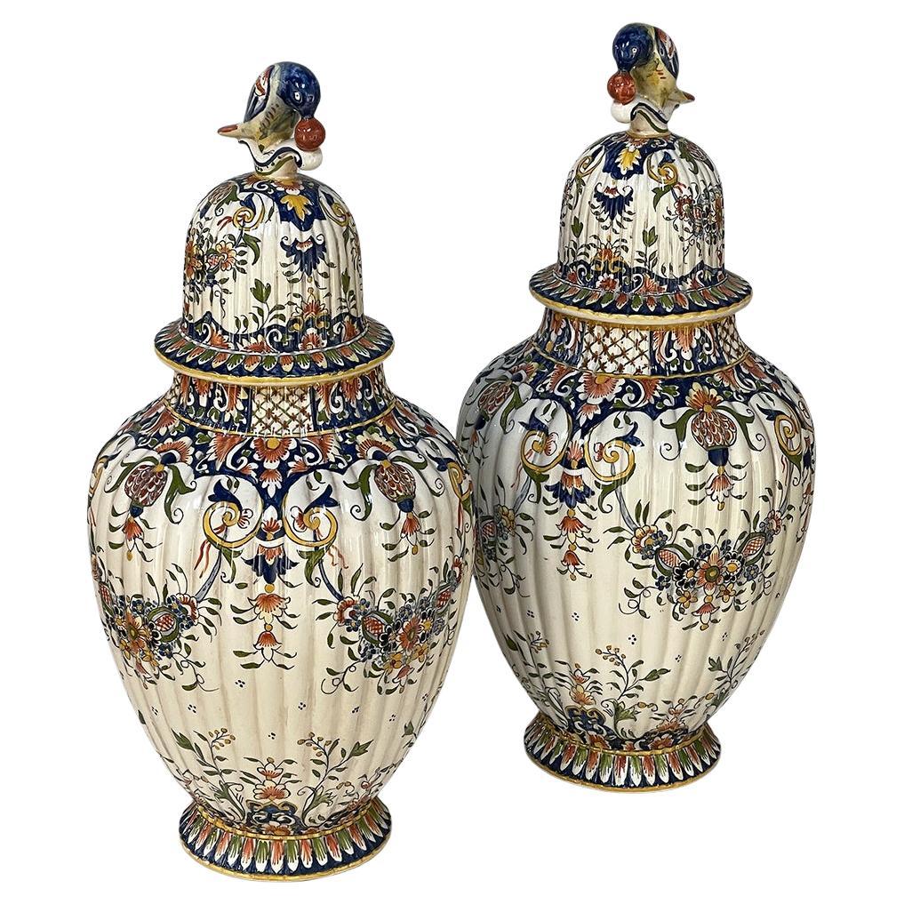 Antique Bohemian HandPainted Green and Blue Decanters with Lid For