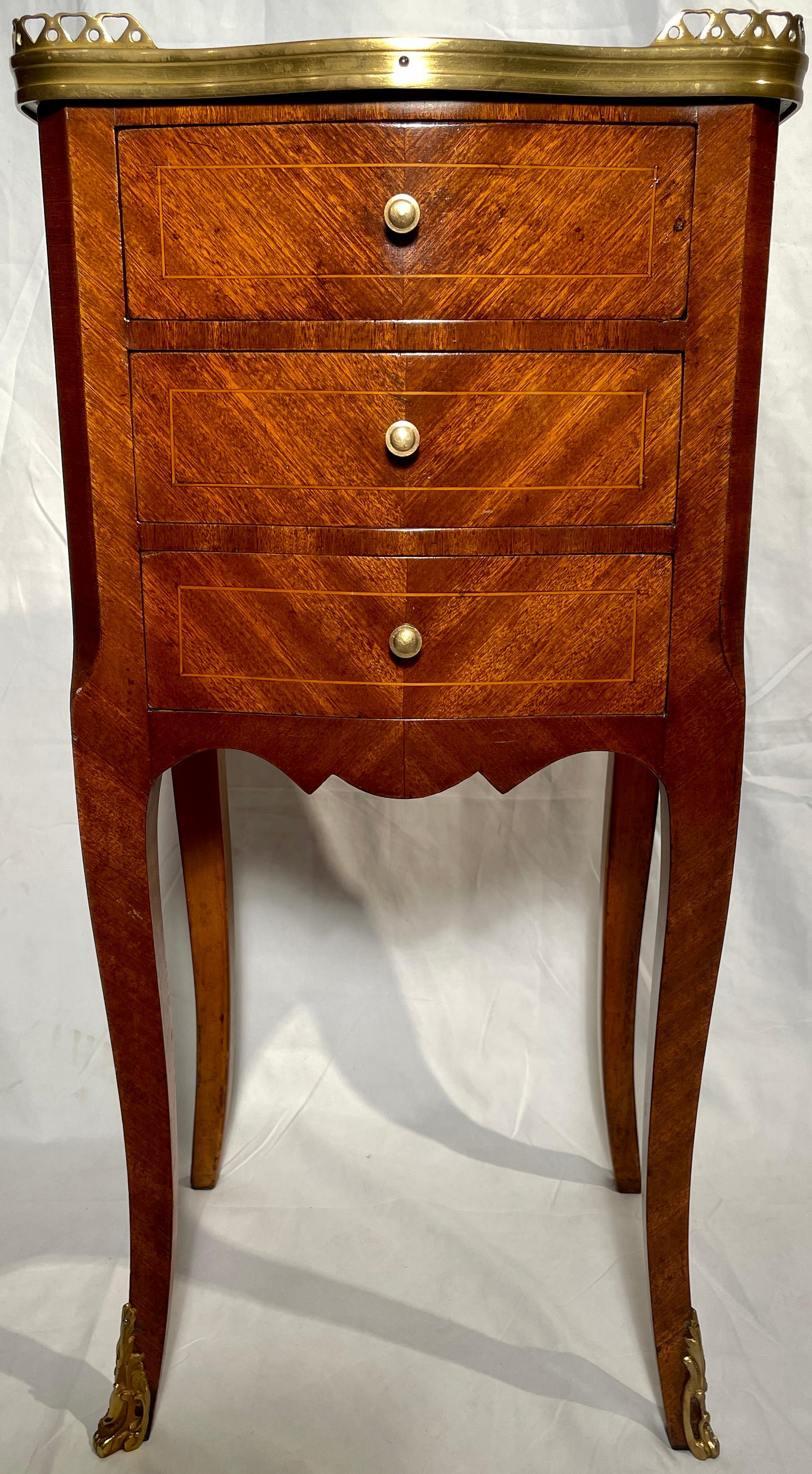 Pair antique French inlaid mahogany galleried-top bedside tables, circa 1900.