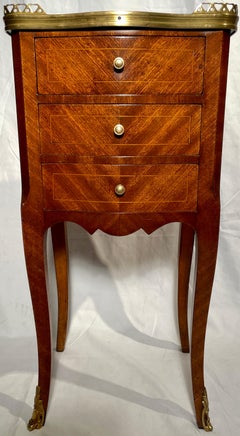 Pair Antique French Inlaid Mahogany Galleried-Top Bedside Tables, Circa 1900