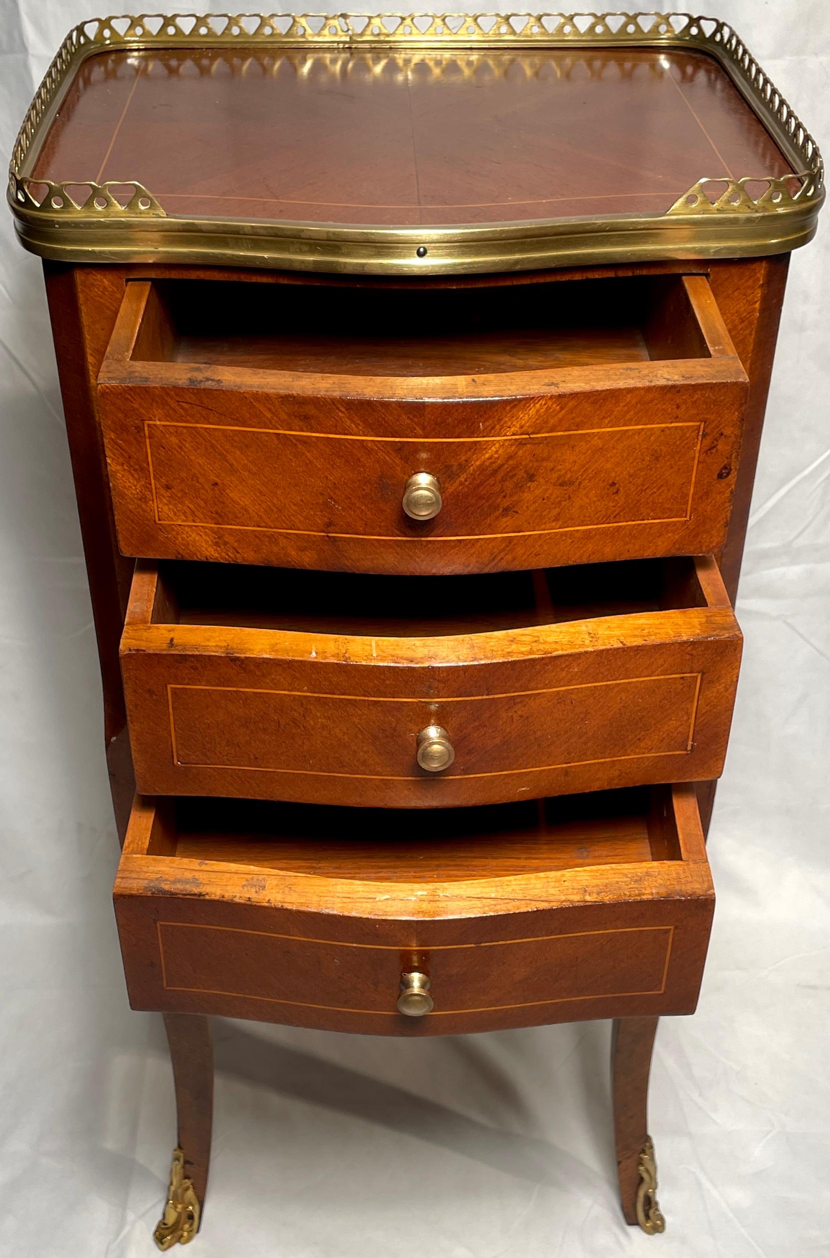 Pair Antique French Inlaid Mahogany Galleried-Top Bedside Tables, Circa 1900 2