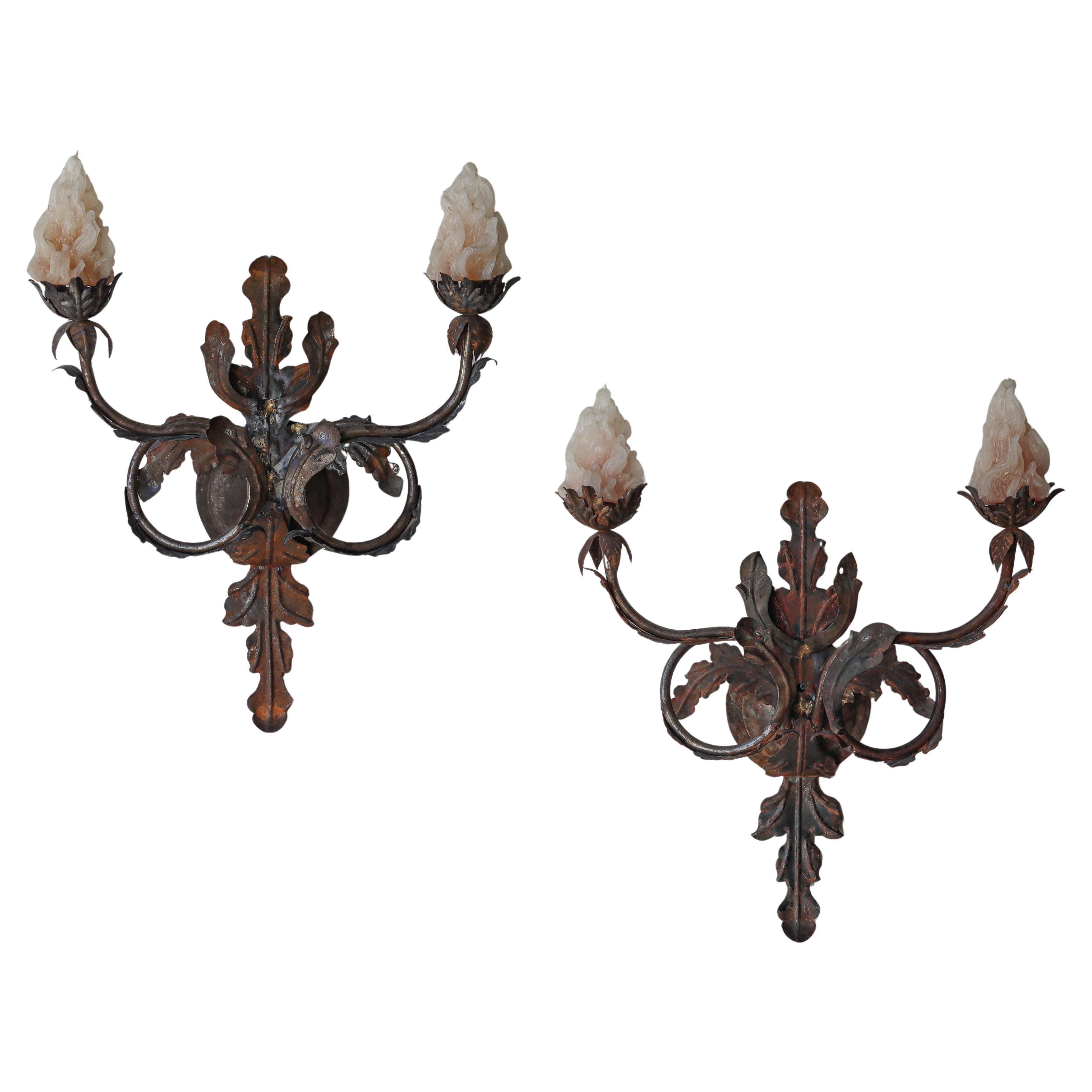 Pair Antique French Iron Candelabra Wall Sconces