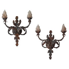 Pair Antique French Iron Candelabra Wall Sconces
