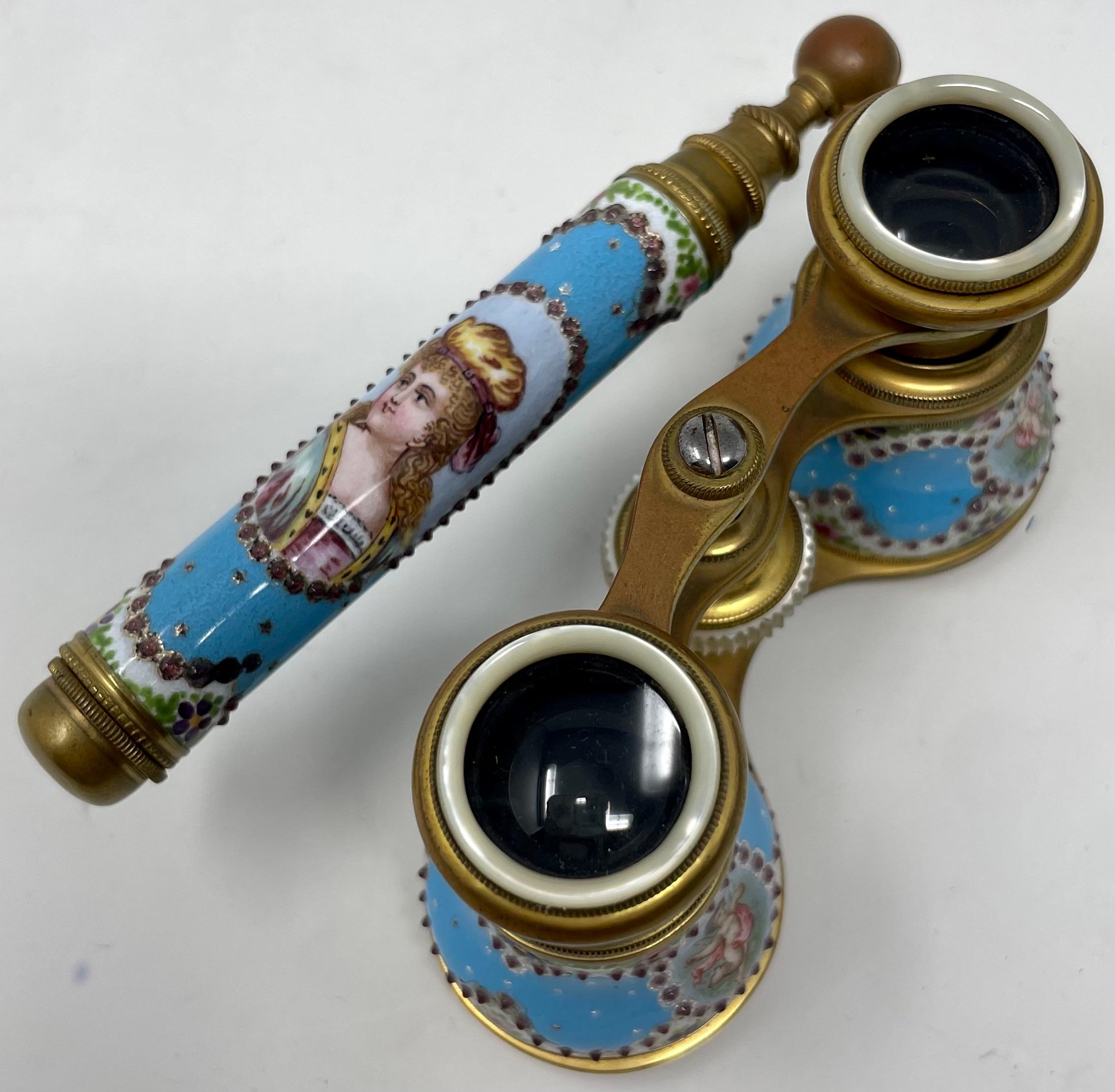 Pair Antique French jeweled enamel porcelain opera glasses, circa 1890's.