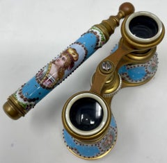 Pair Antique French Jeweled Enamel Porcelain Opera Glasses, circa 1890's