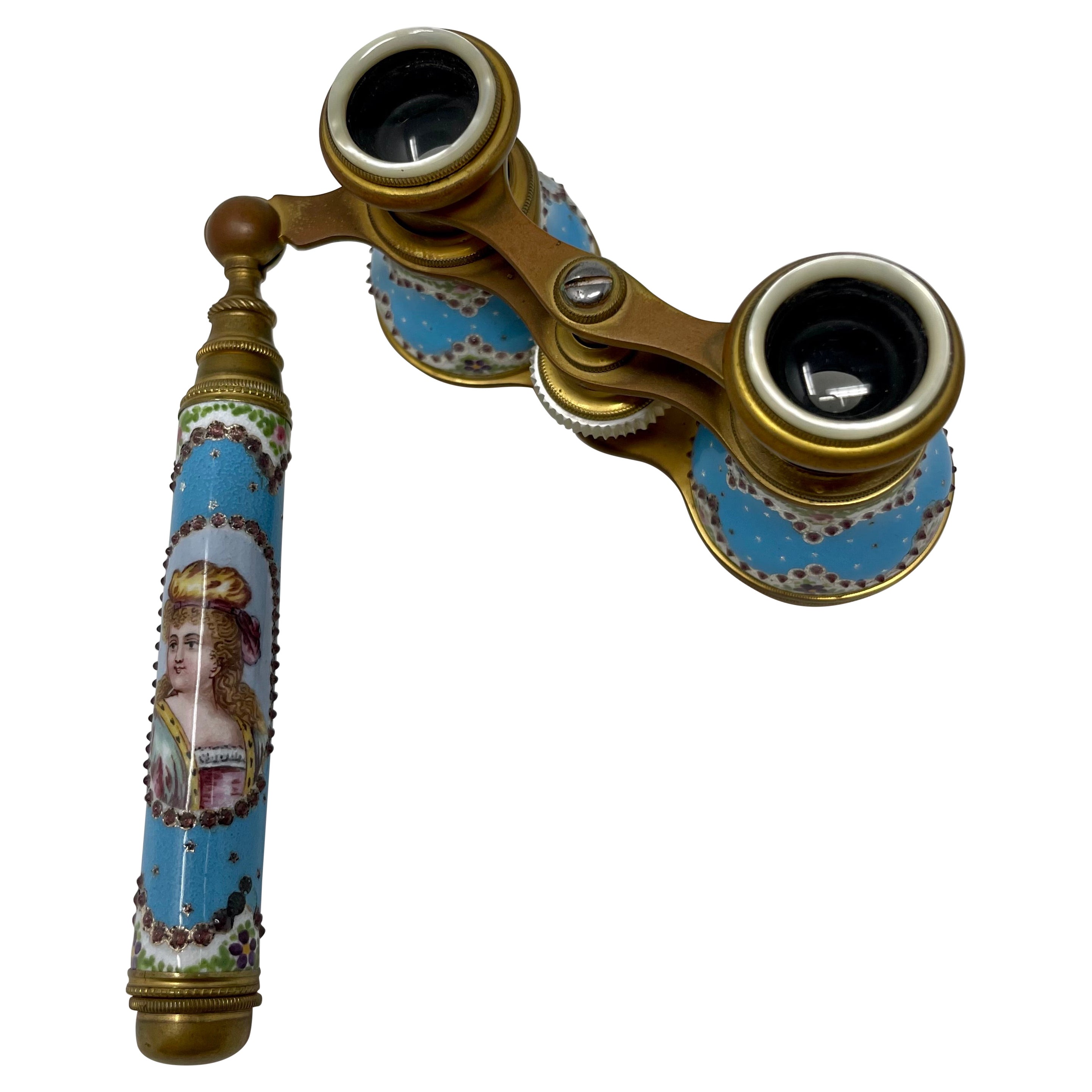 Pair Antique French Jeweled Enamel Porcelain Opera Glasses, circa 1890
s